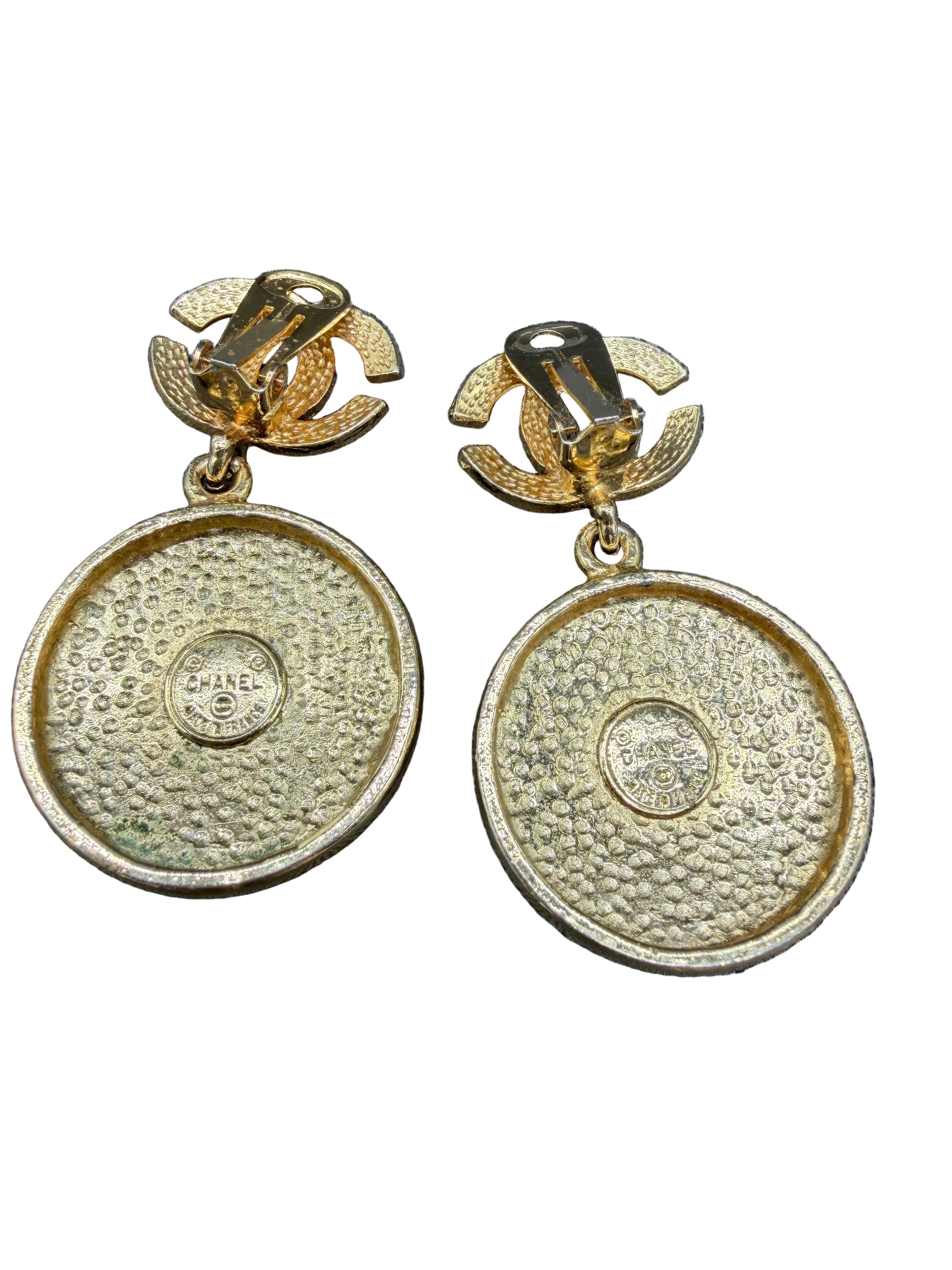 1980s Chanel Gold-Tone Double C Clip Earrings with Textured Disc Dangles