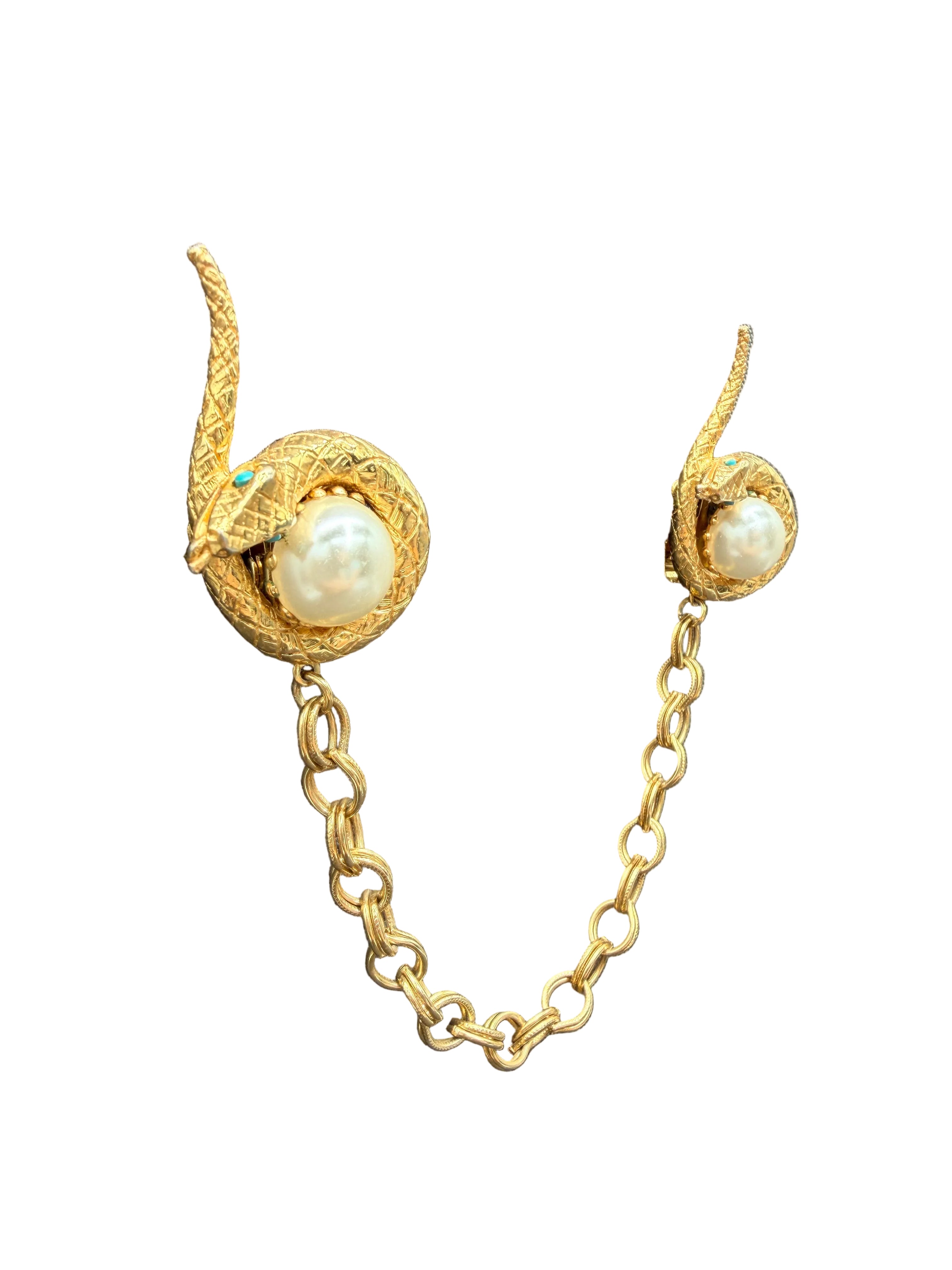 1960s Gold-Tone Snake Collar Clips with Chain, Turquoise Eyes & Faux Pearl Accent