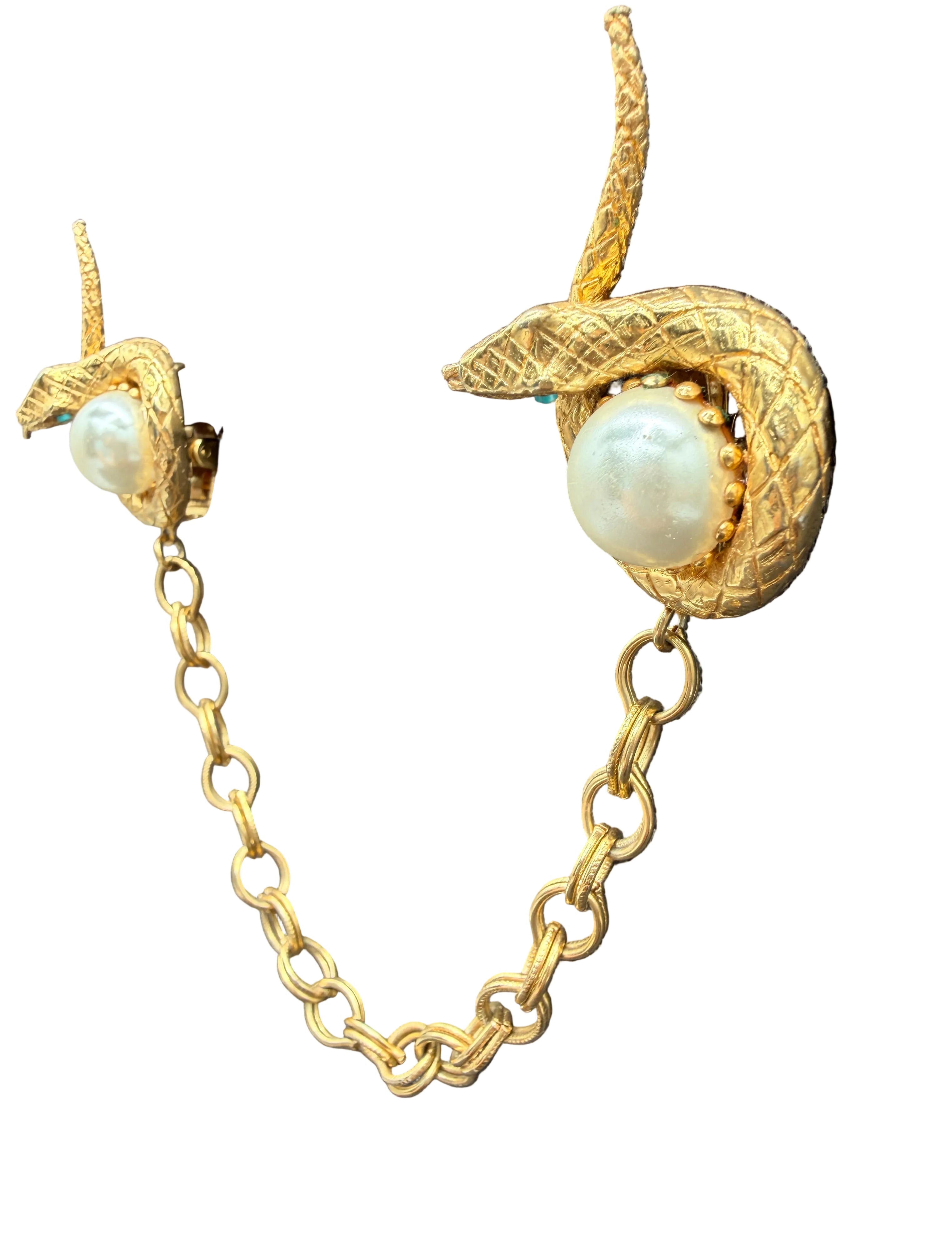 1960s Gold-Tone Snake Collar Clips with Chain, Turquoise Eyes & Faux Pearl Accent