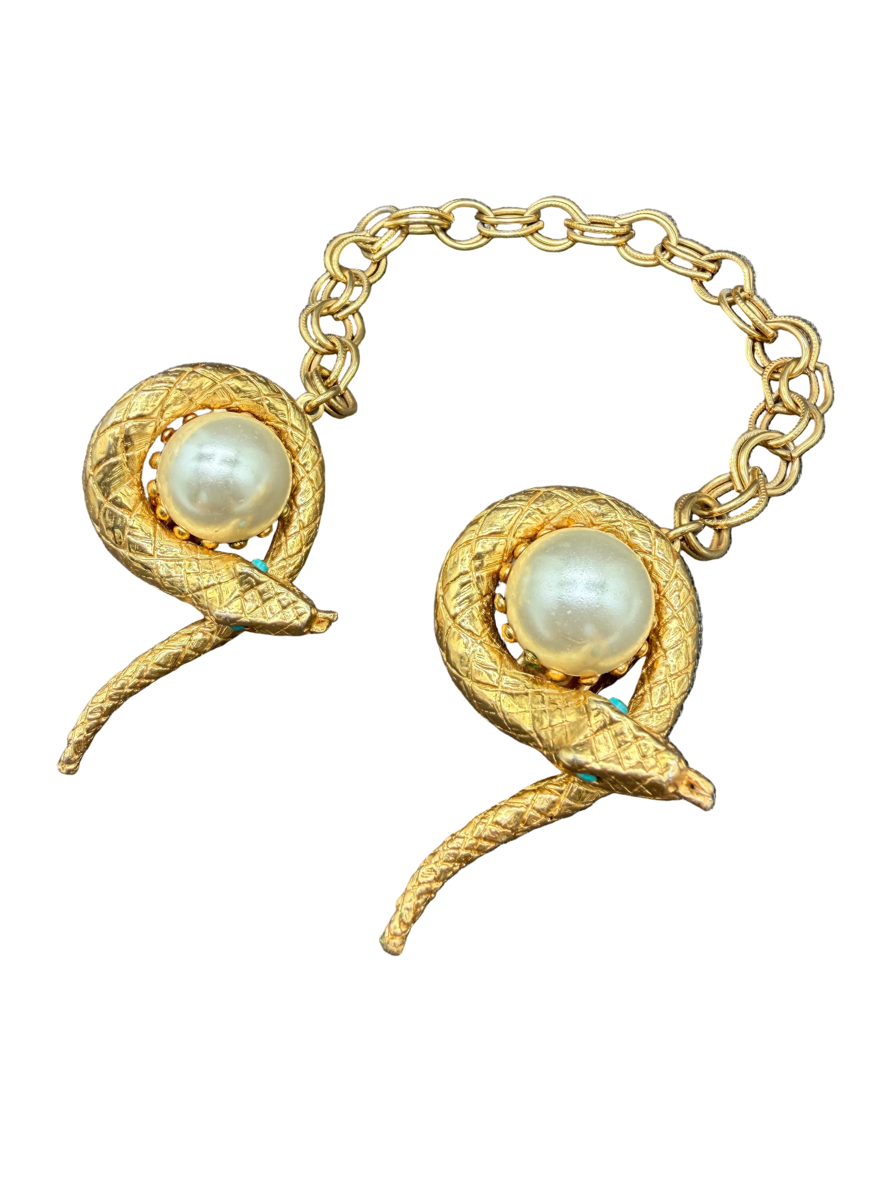 1960s Gold-Tone Snake Collar Clips with Chain, Turquoise Eyes & Faux Pearl Accent
