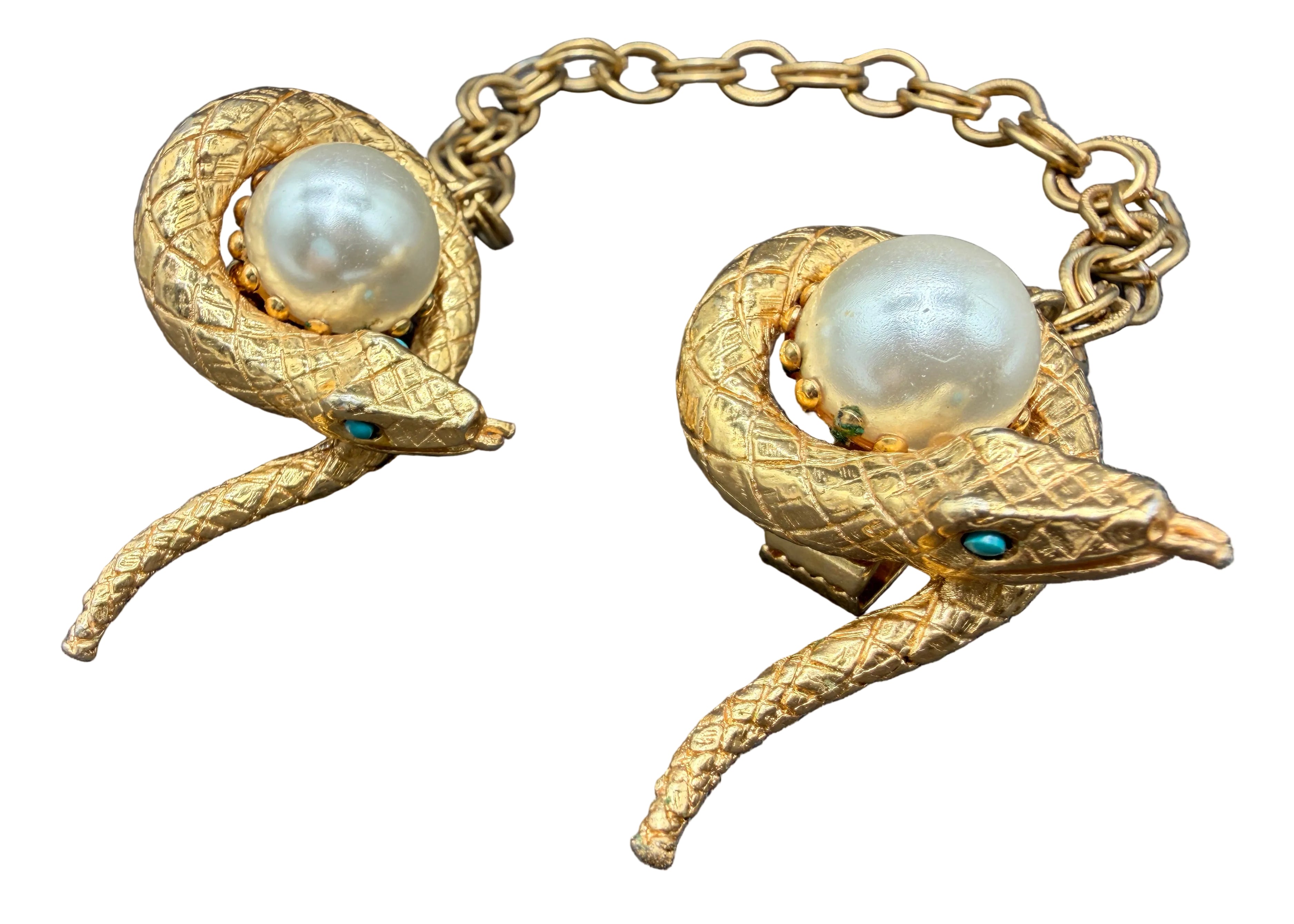 1960s Gold-Tone Snake Collar Clips with Chain, Turquoise Eyes & Faux Pearl Accent
