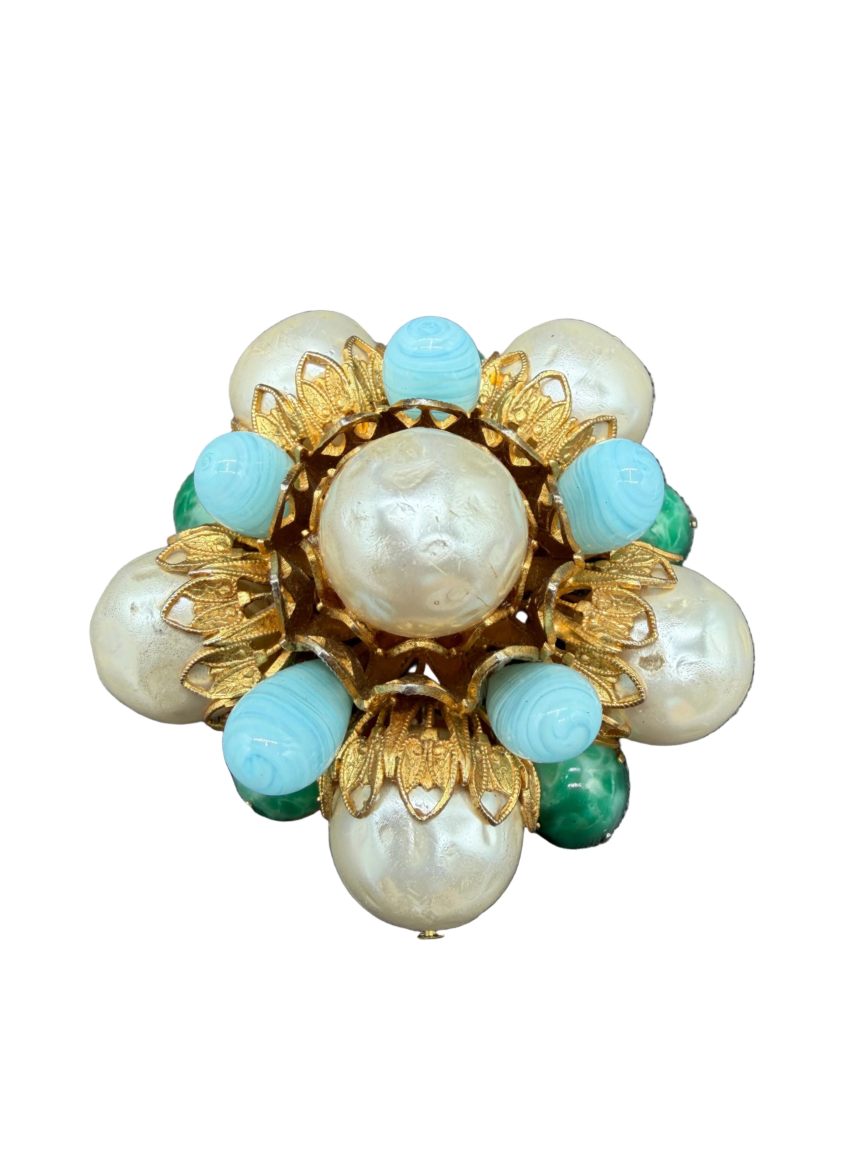 1950s Vendôme Gold-Tone Statement Brooch with Opalite, Faux Pearls & Green Chalcedony
