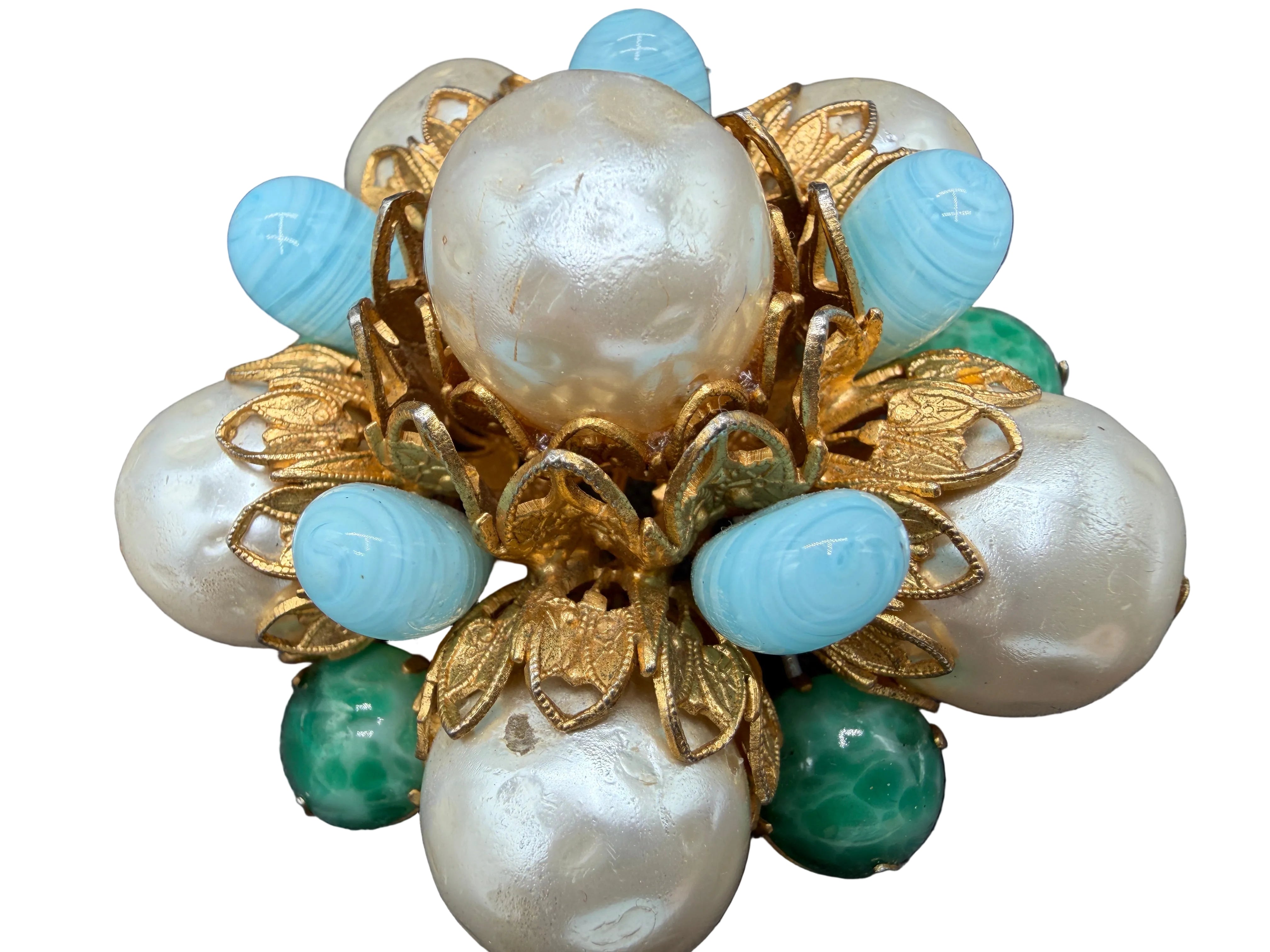 1950s Vendôme Gold-Tone Statement Brooch with Opalite, Faux Pearls & Green Chalcedony