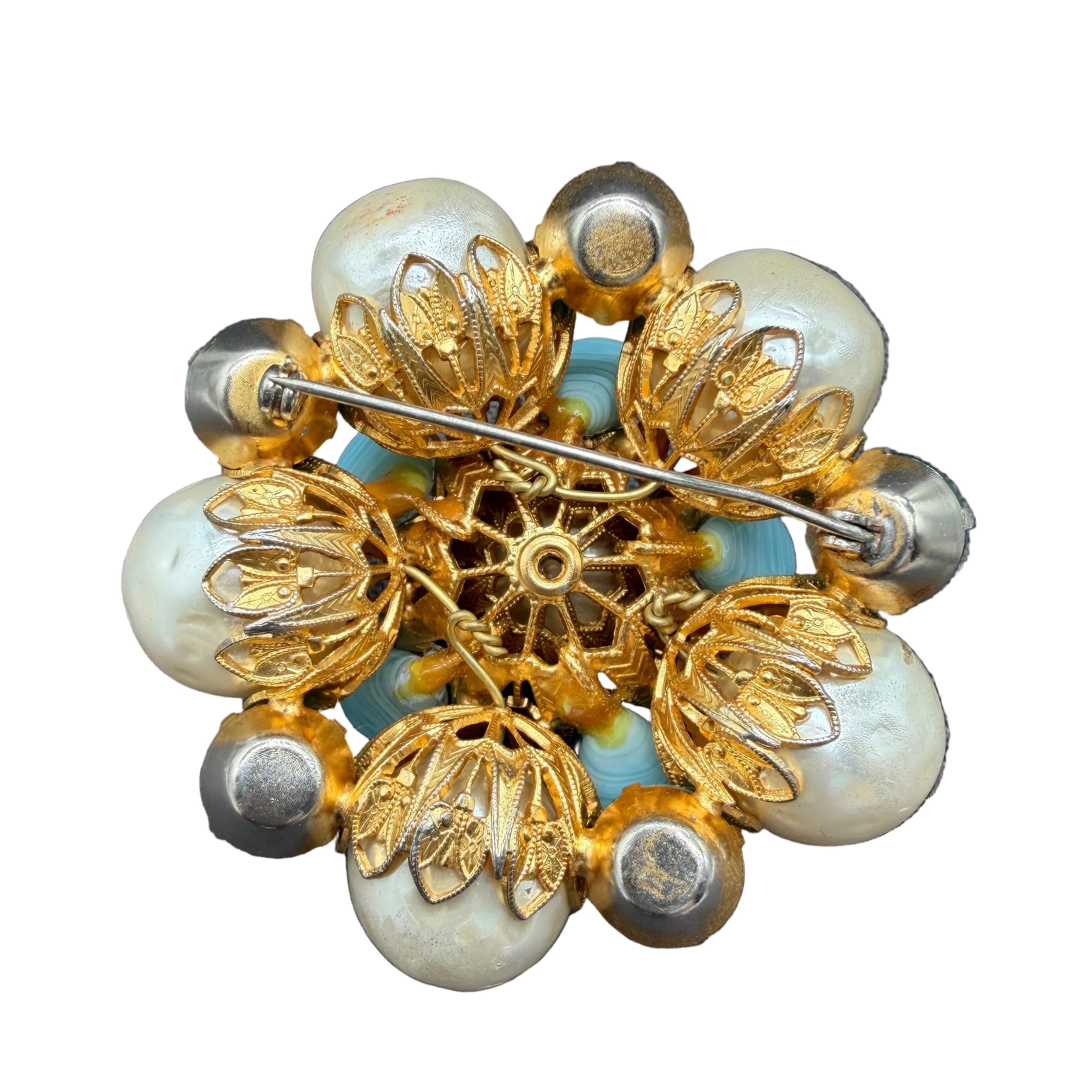 1950s Vendôme Gold-Tone Statement Brooch with Opalite, Faux Pearls & Green Chalcedony