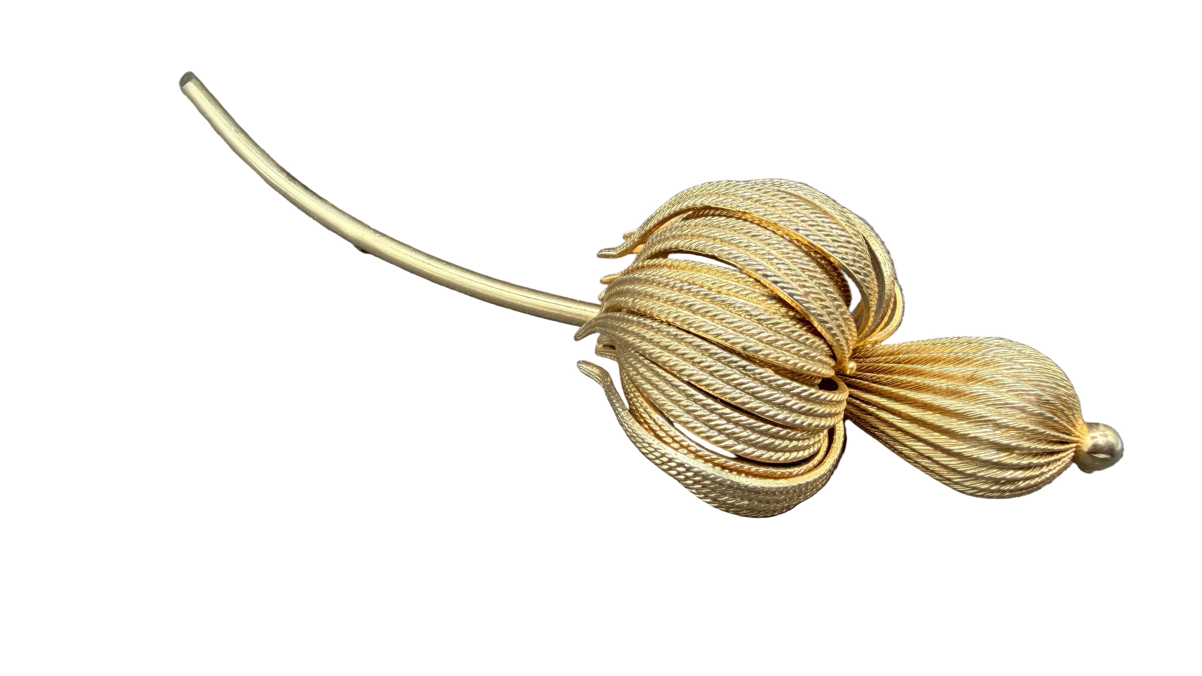 1960s Gold-Tone Textured 3D Floral Brooch with Long Stem