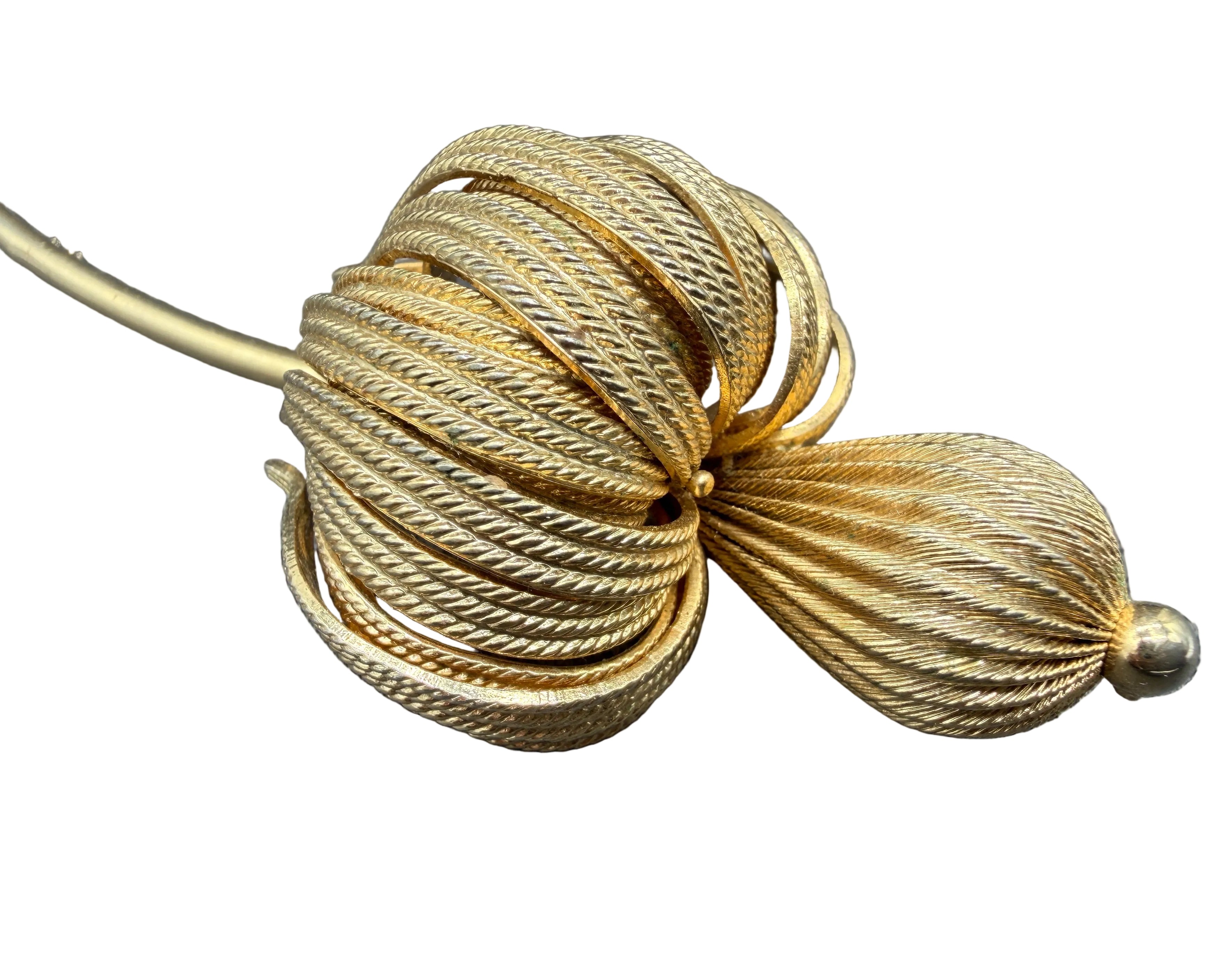 1960s Gold-Tone Textured 3D Floral Brooch with Long Stem