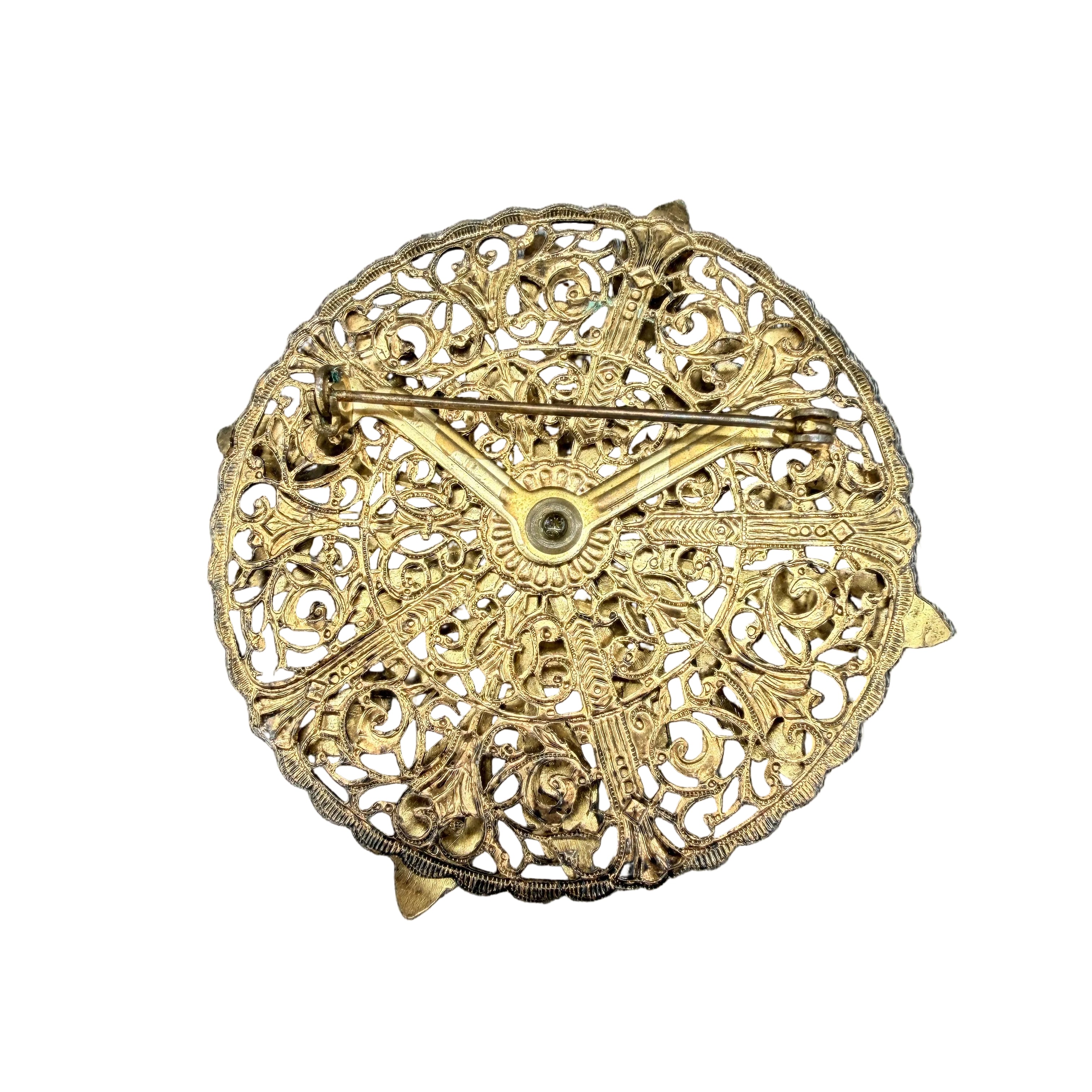 Art Nouveau Gold-Tone Sash Pin with Filigree Leaves & Purple Glass Cabochon