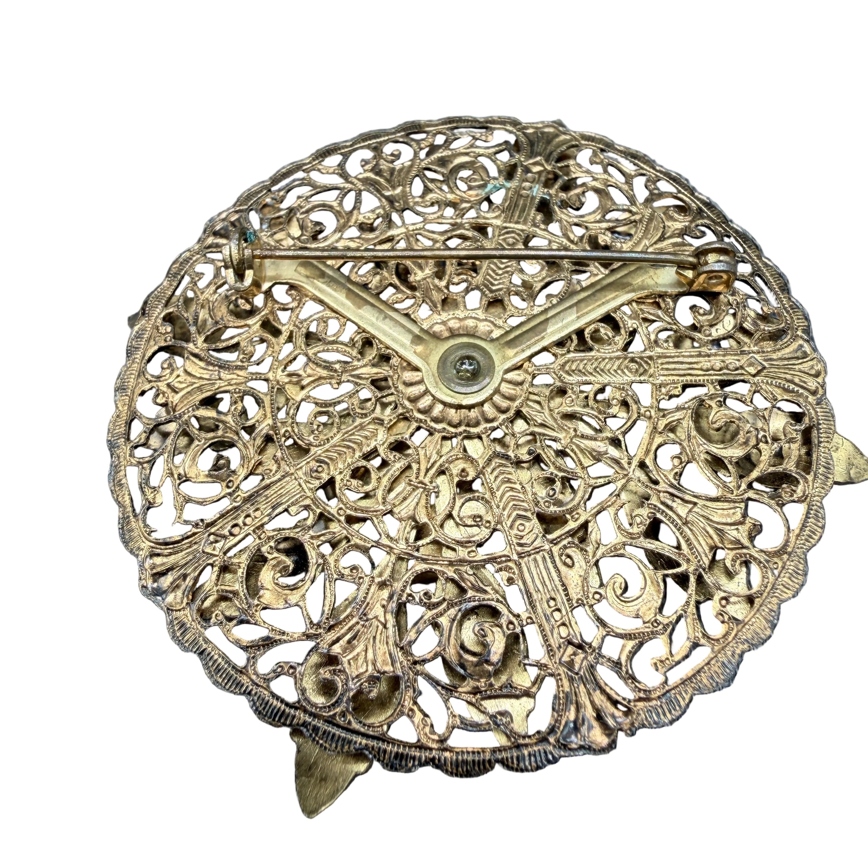 Art Nouveau Gold-Tone Sash Pin with Filigree Leaves & Purple Glass Cabochon