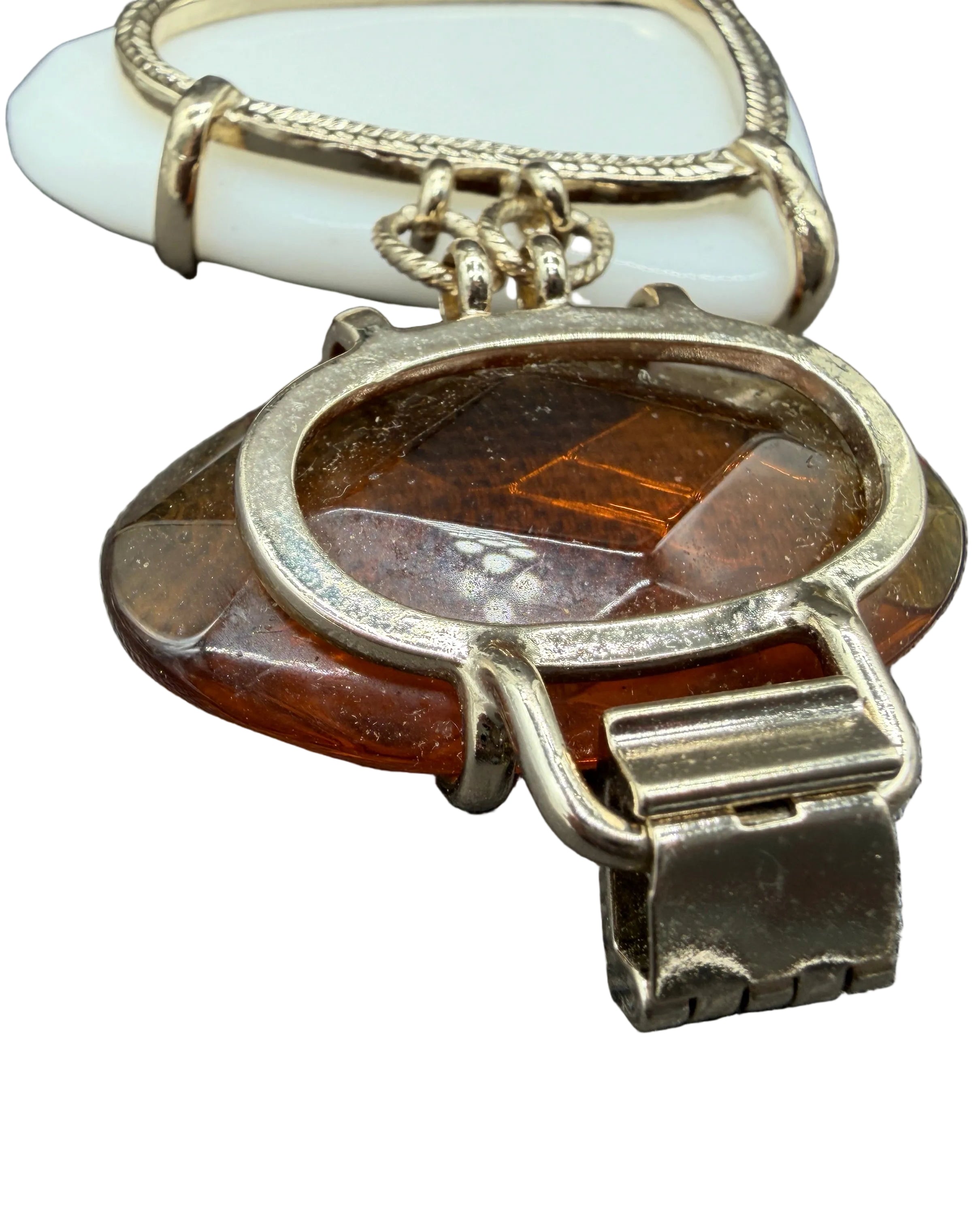 1960s Chunky Link Bracelet with Milk Glass, Amber Glass & Goldstone