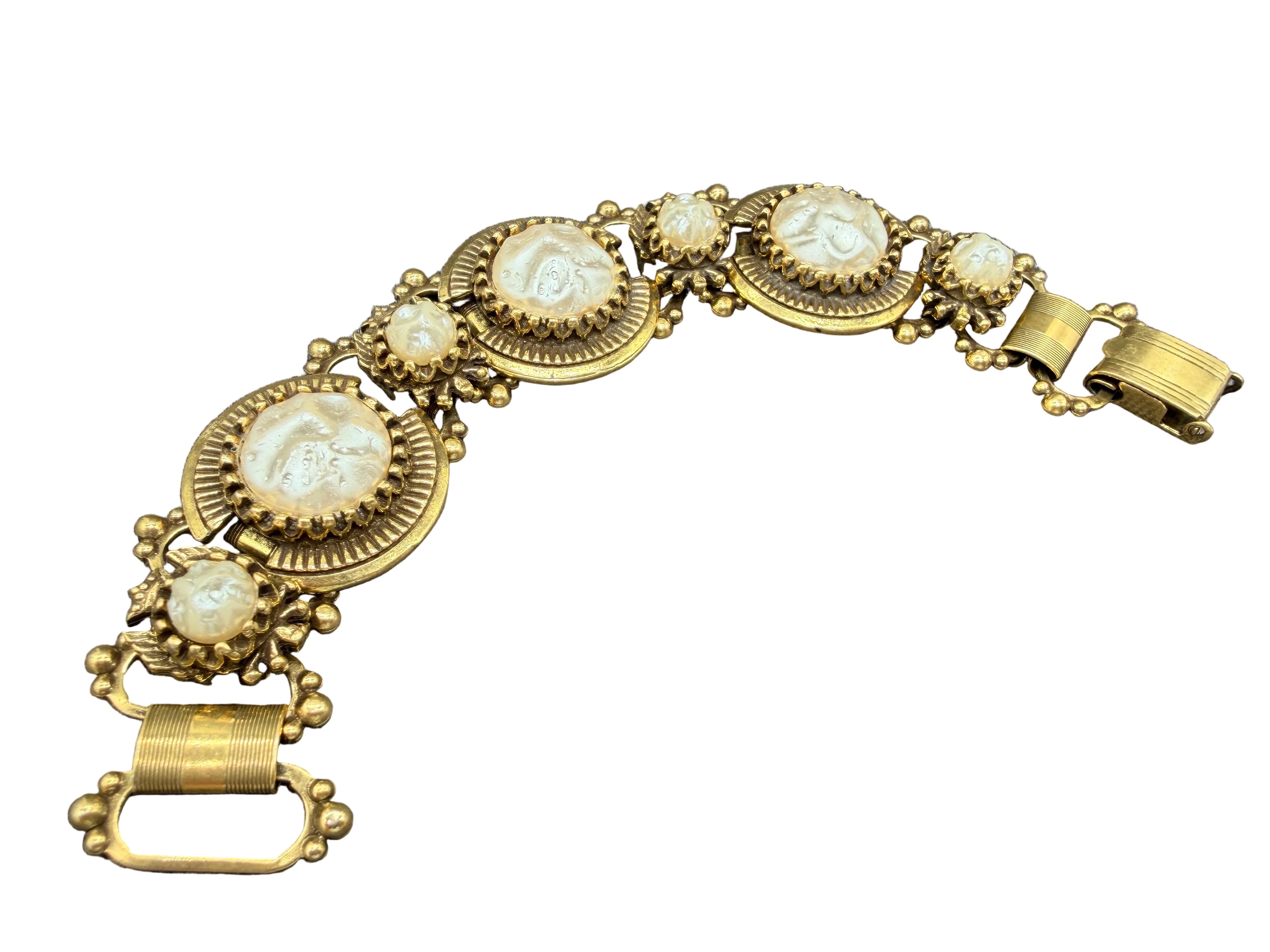1960s Faux Pearl Victorian Revival Panel Bracelet