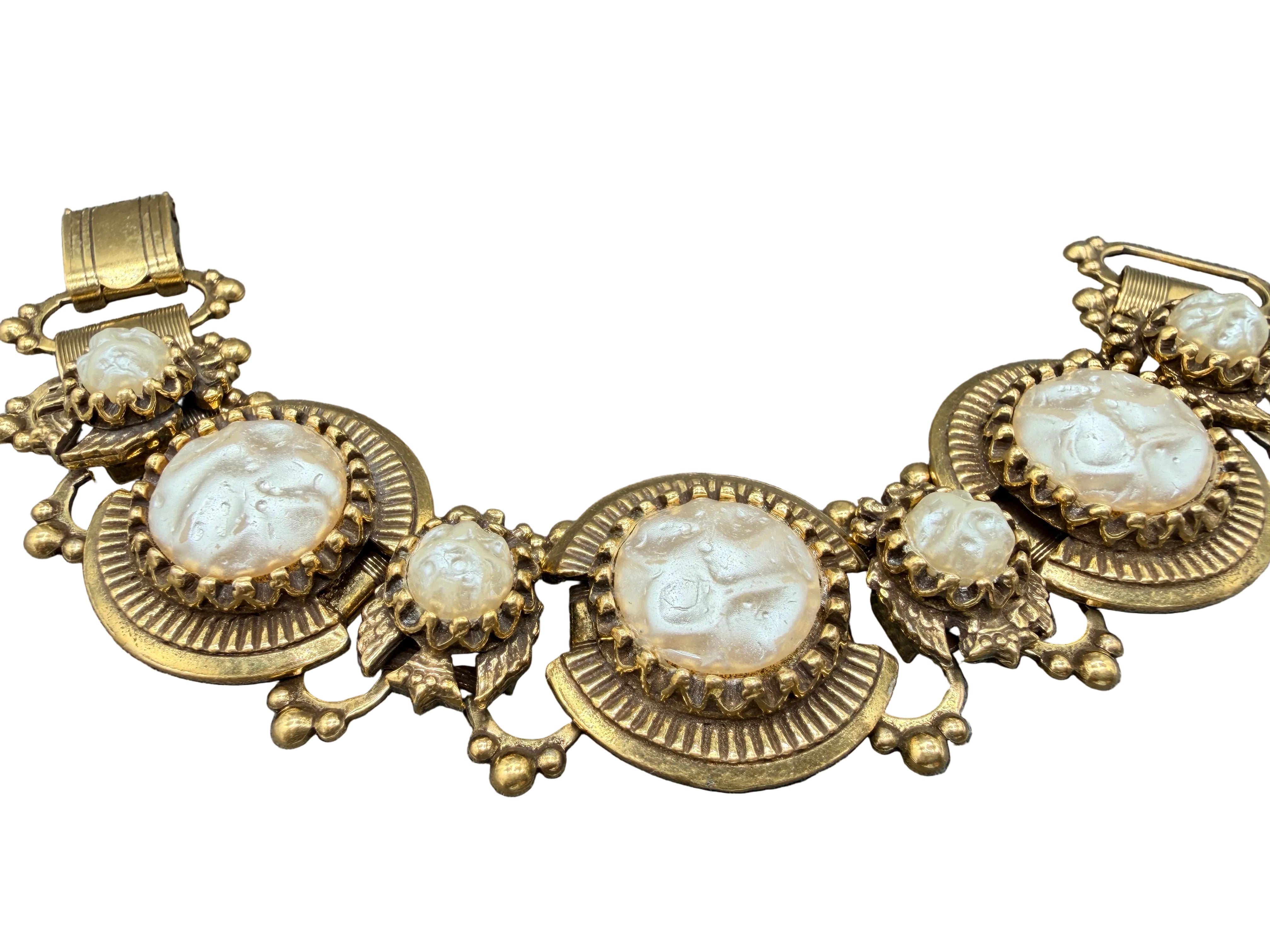 1960s Faux Pearl Victorian Revival Panel Bracelet