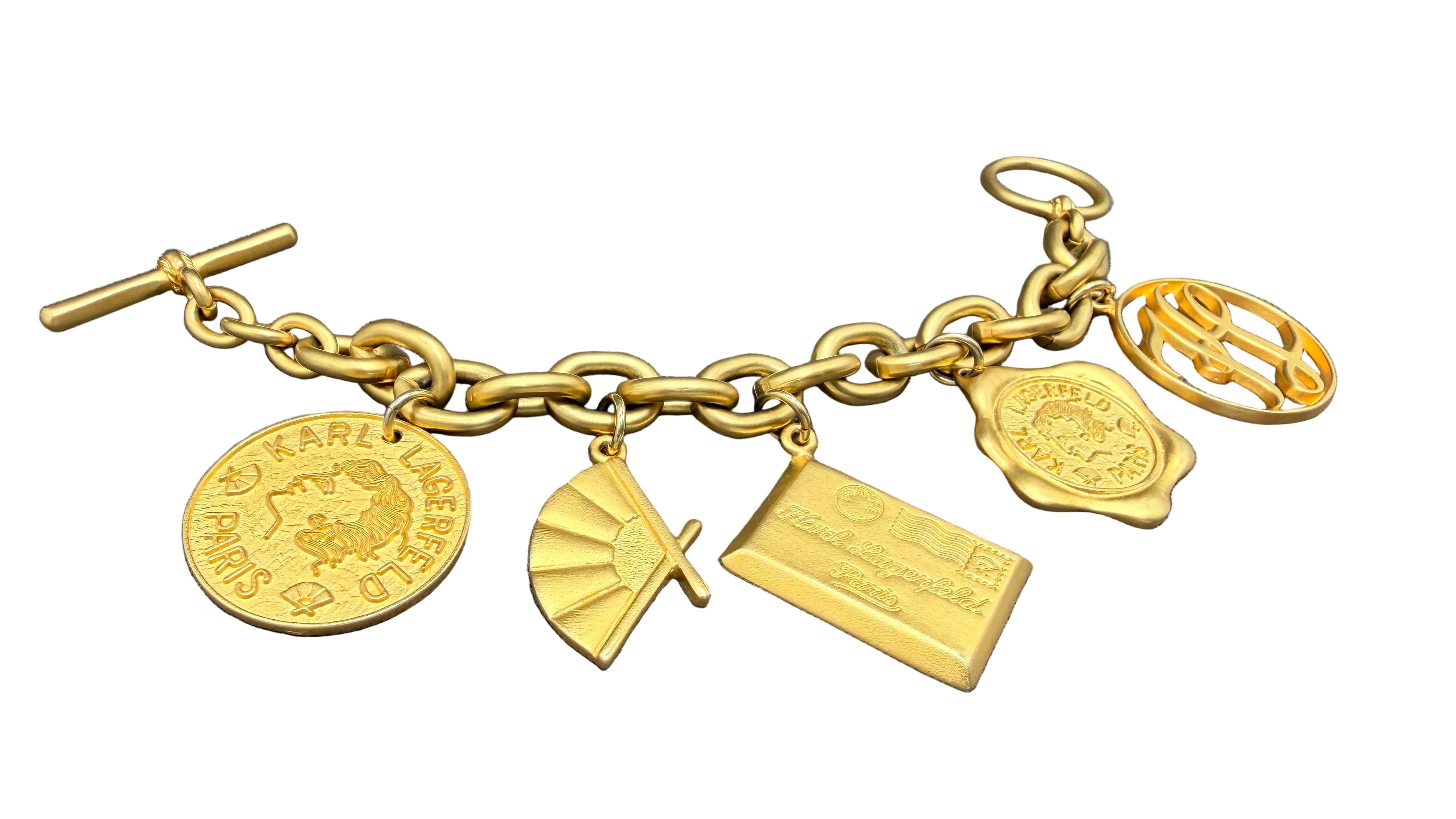 1980s Karl Lagerfeld Matte Gold-Tone Multi-Charm Runway Bracelet