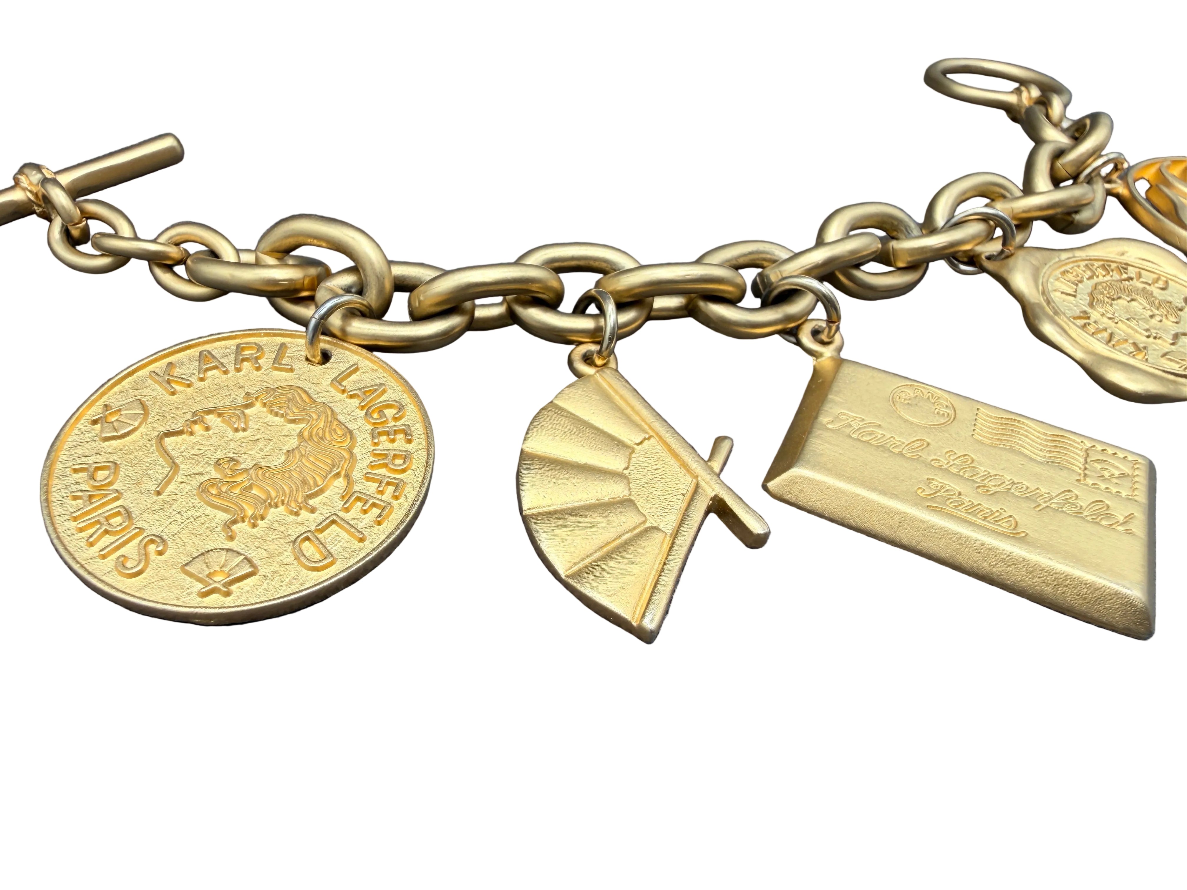 1980s Karl Lagerfeld Matte Gold-Tone Multi-Charm Runway Bracelet