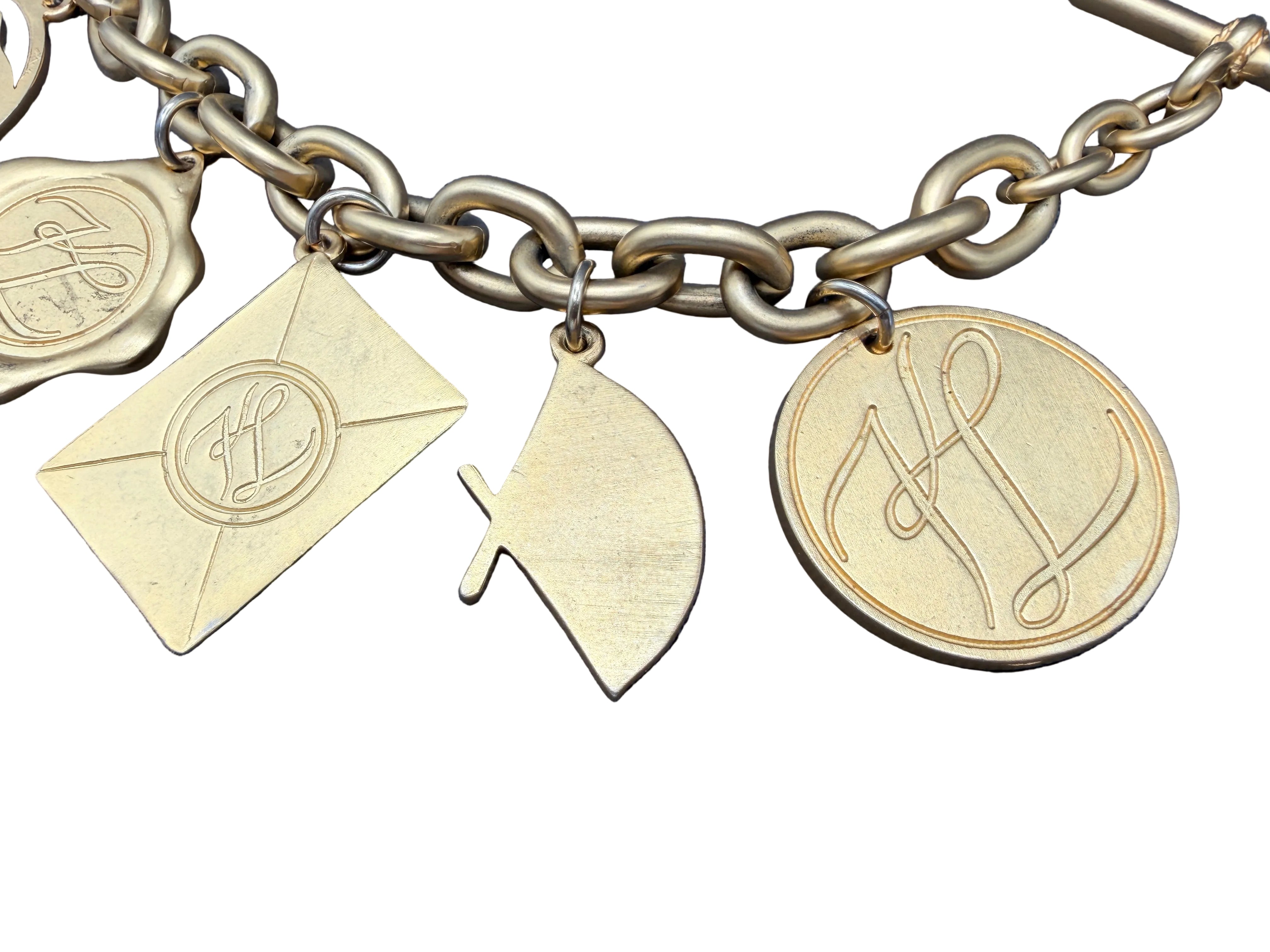 1980s Karl Lagerfeld Matte Gold-Tone Multi-Charm Runway Bracelet