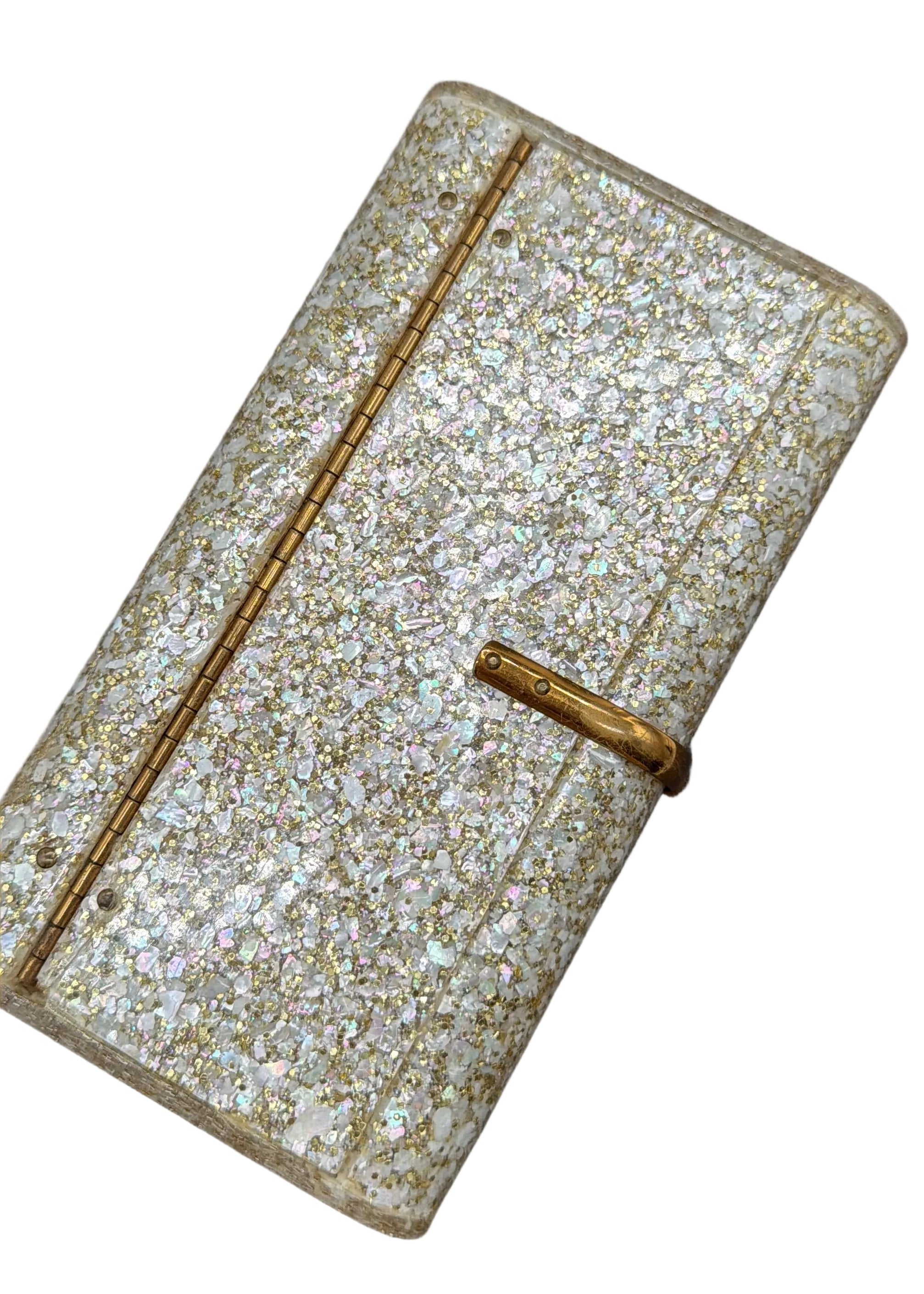 1950s Wilardy Lucite Clutch with Mother-of-Pearl & Gold Glitter, Interior Mirror