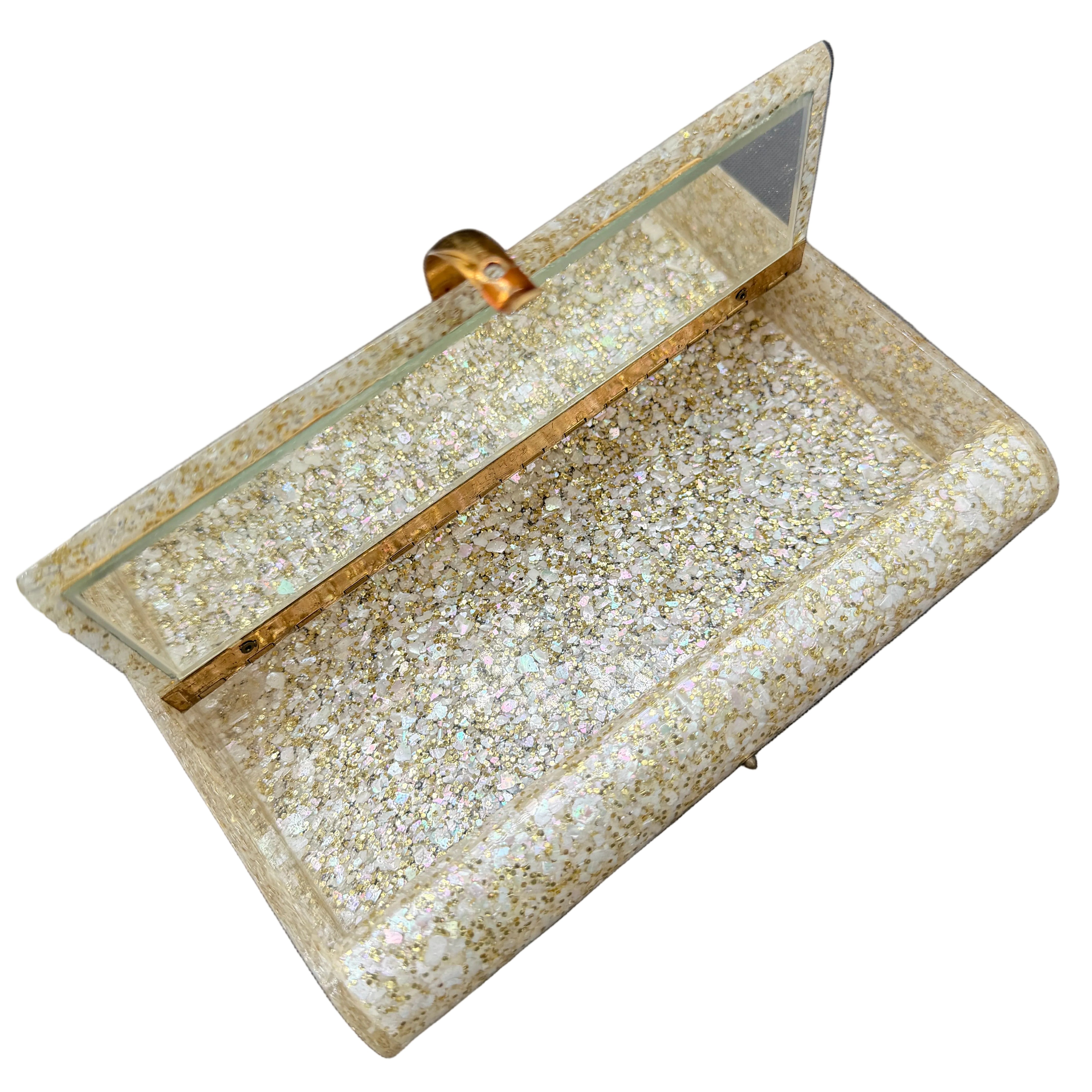 1950s Wilardy Lucite Clutch with Mother-of-Pearl & Gold Glitter, Interior Mirror