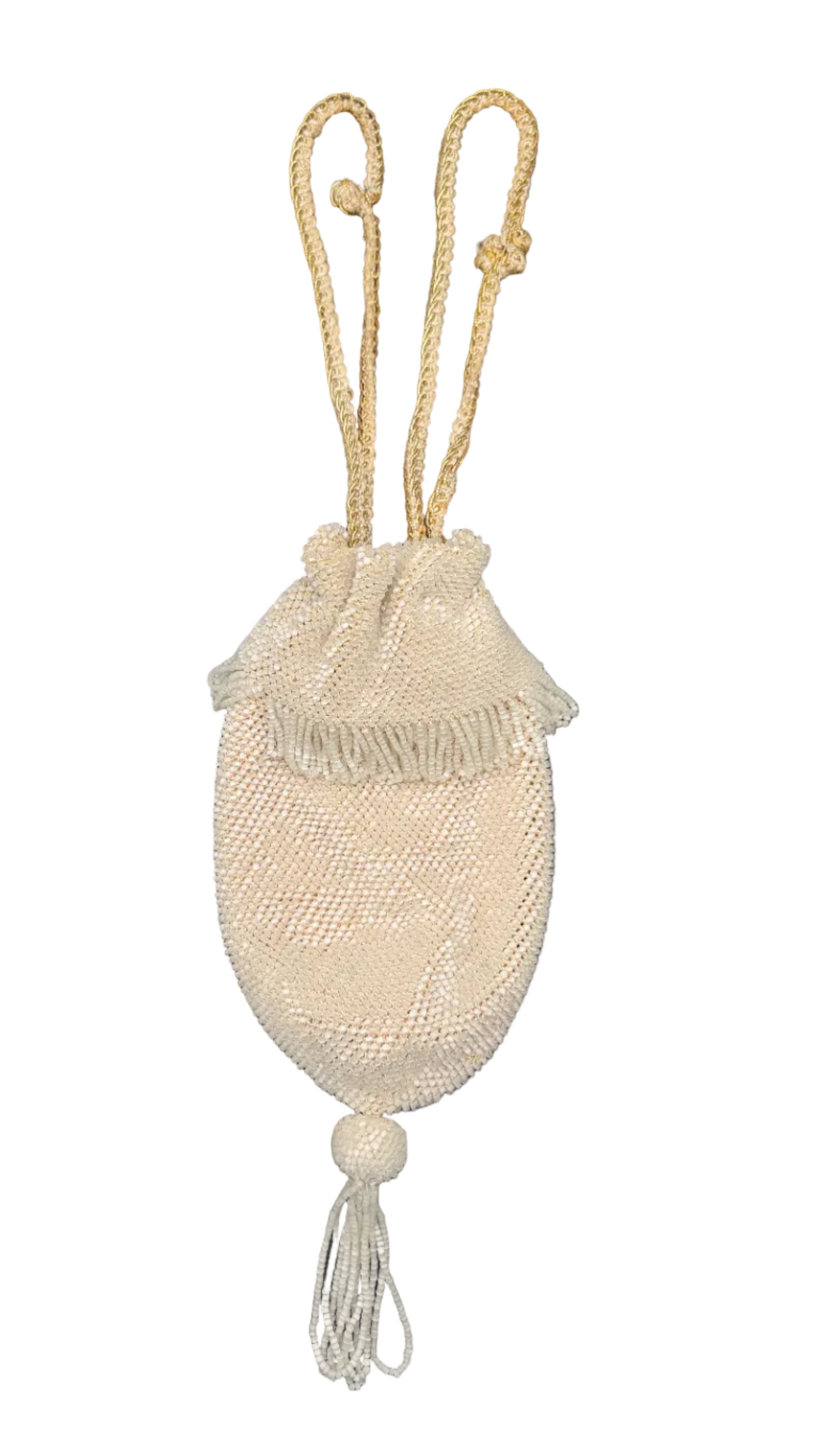 1920s Ivory Glass Beaded Drawstring Pouch Purse with Tassel & Fringe Trim