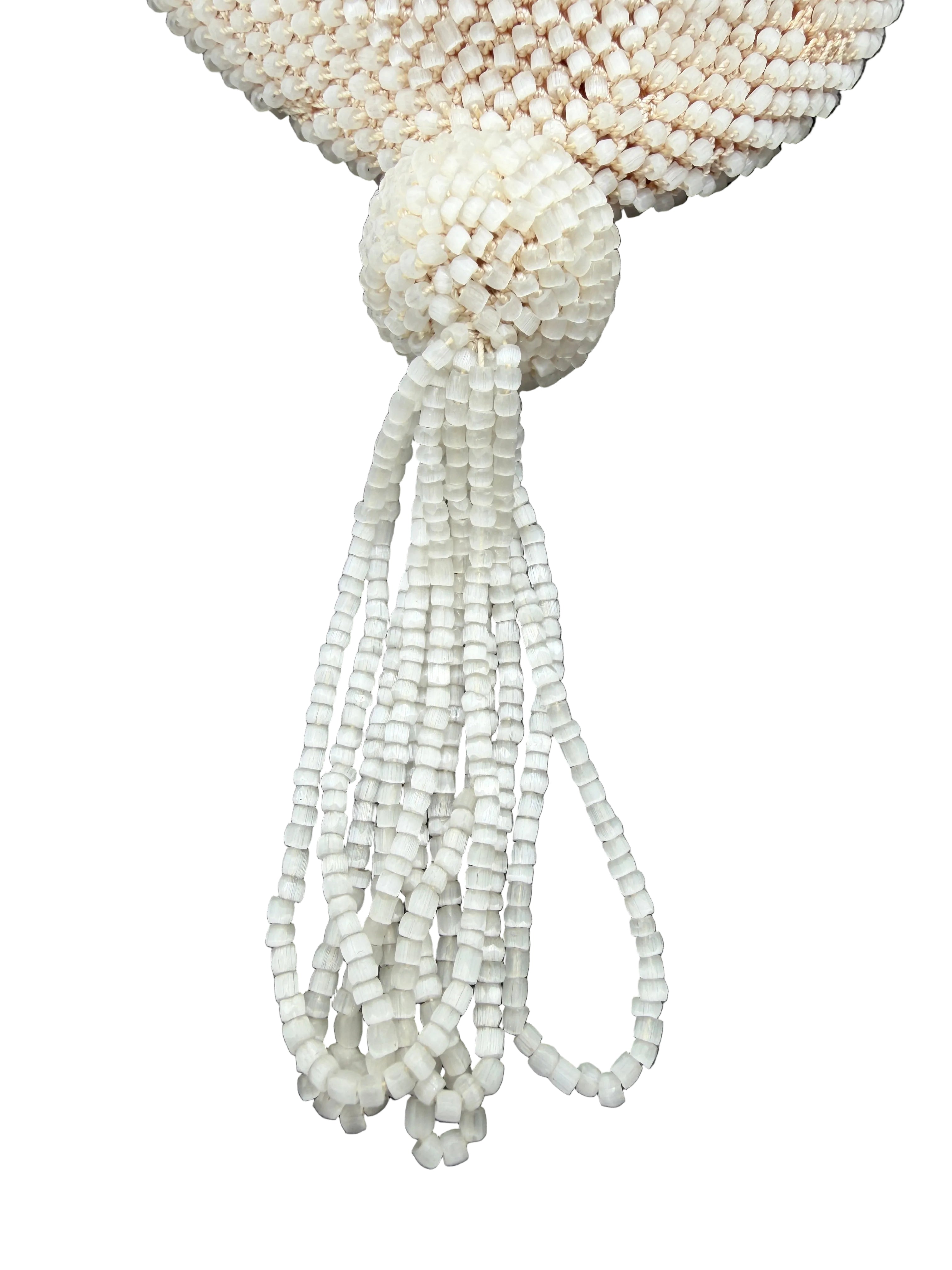 1920s Ivory Glass Beaded Drawstring Pouch Purse with Tassel & Fringe Trim