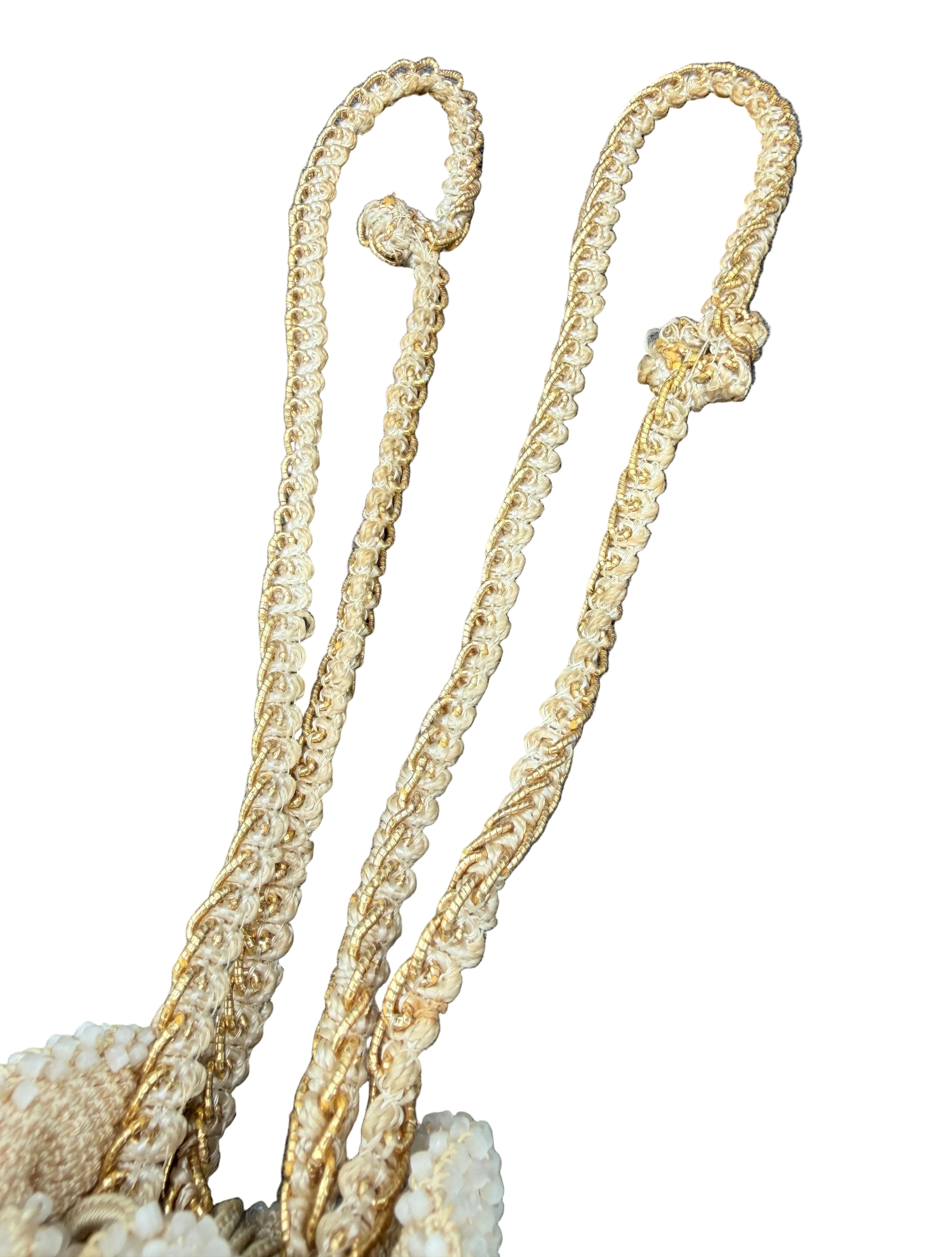 1920s Ivory Glass Beaded Drawstring Pouch Purse with Tassel & Fringe Trim
