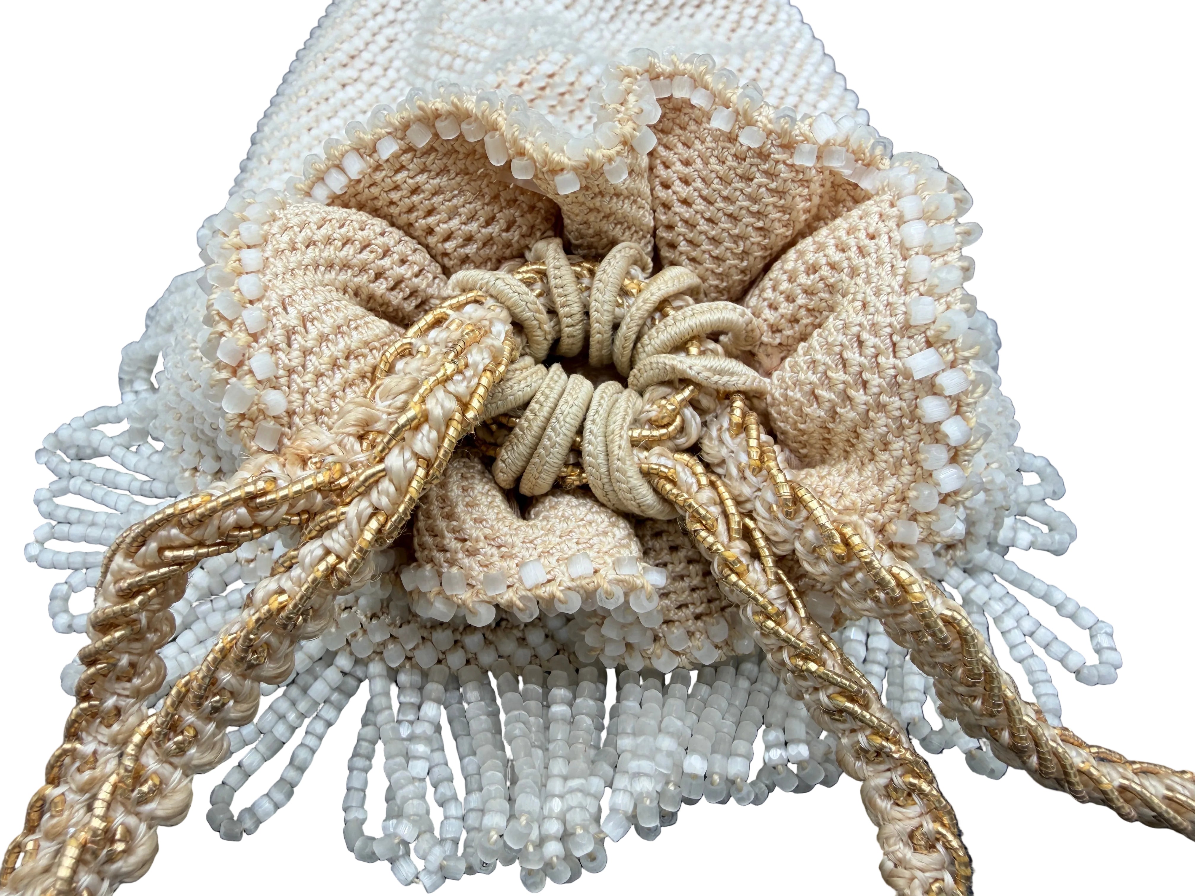 1920s Ivory Glass Beaded Drawstring Pouch Purse with Tassel & Fringe Trim
