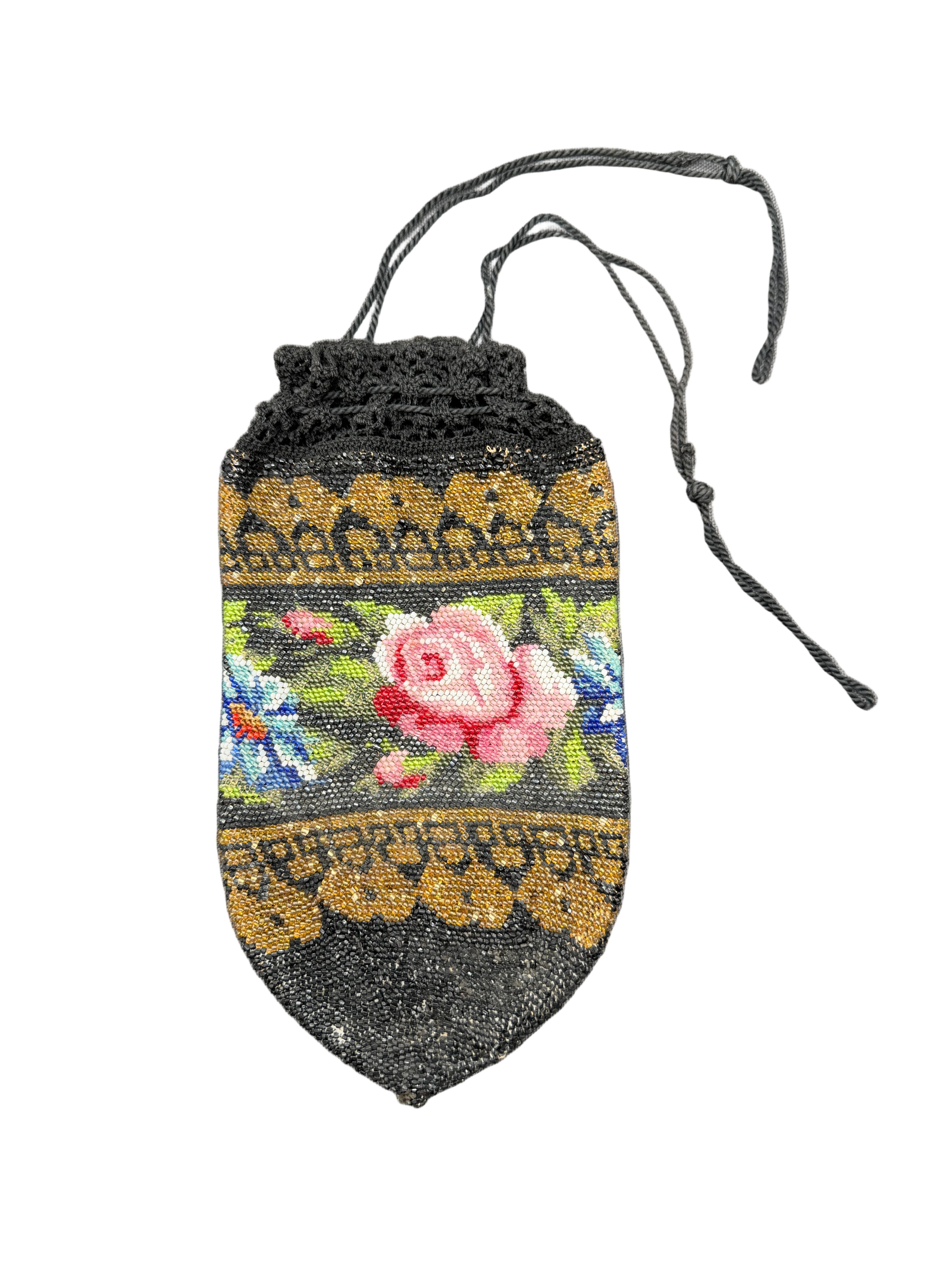 Antique Victorian Hand-Beaded French Crochet Drawstring Pouch Purse with Floral & Gold Design