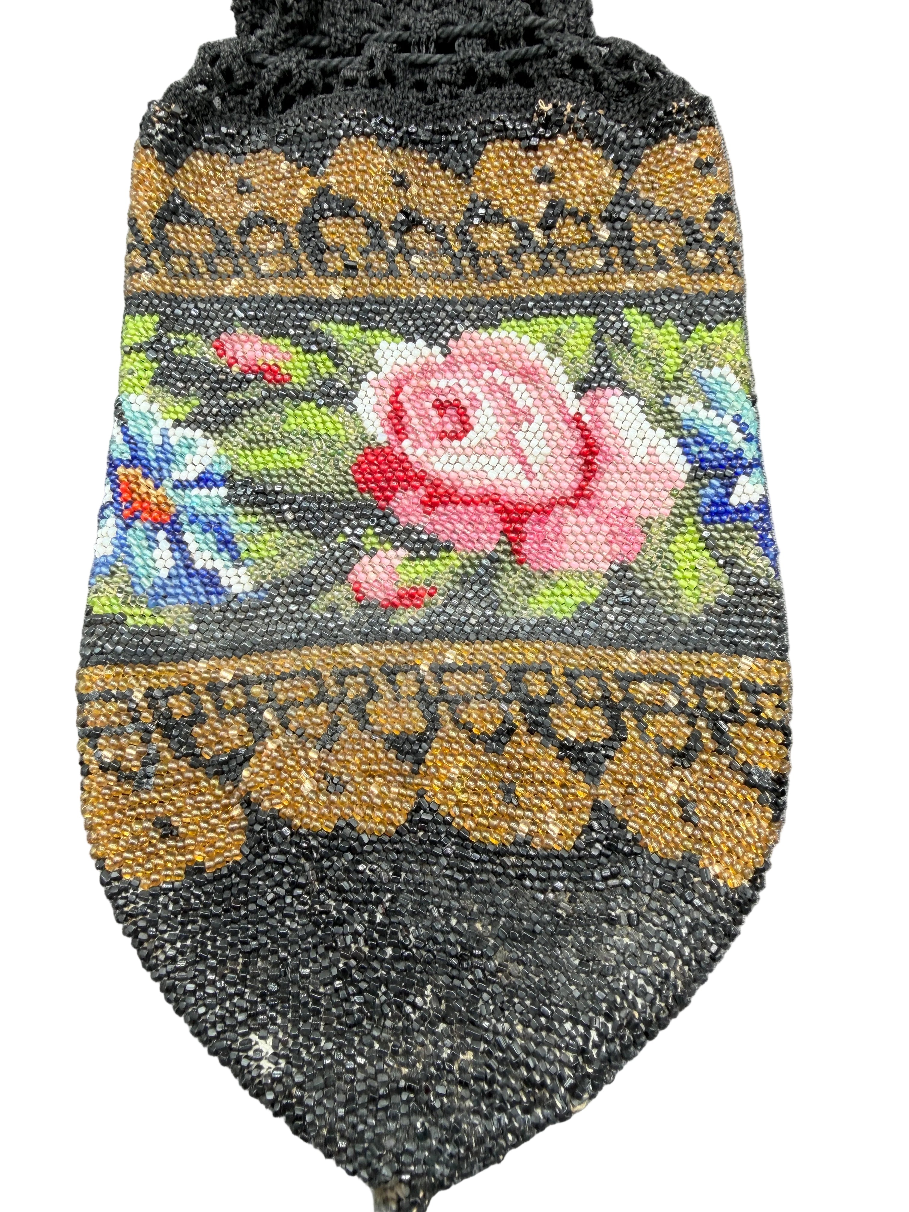 Antique Victorian Hand-Beaded French Crochet Drawstring Pouch Purse with Floral & Gold Design