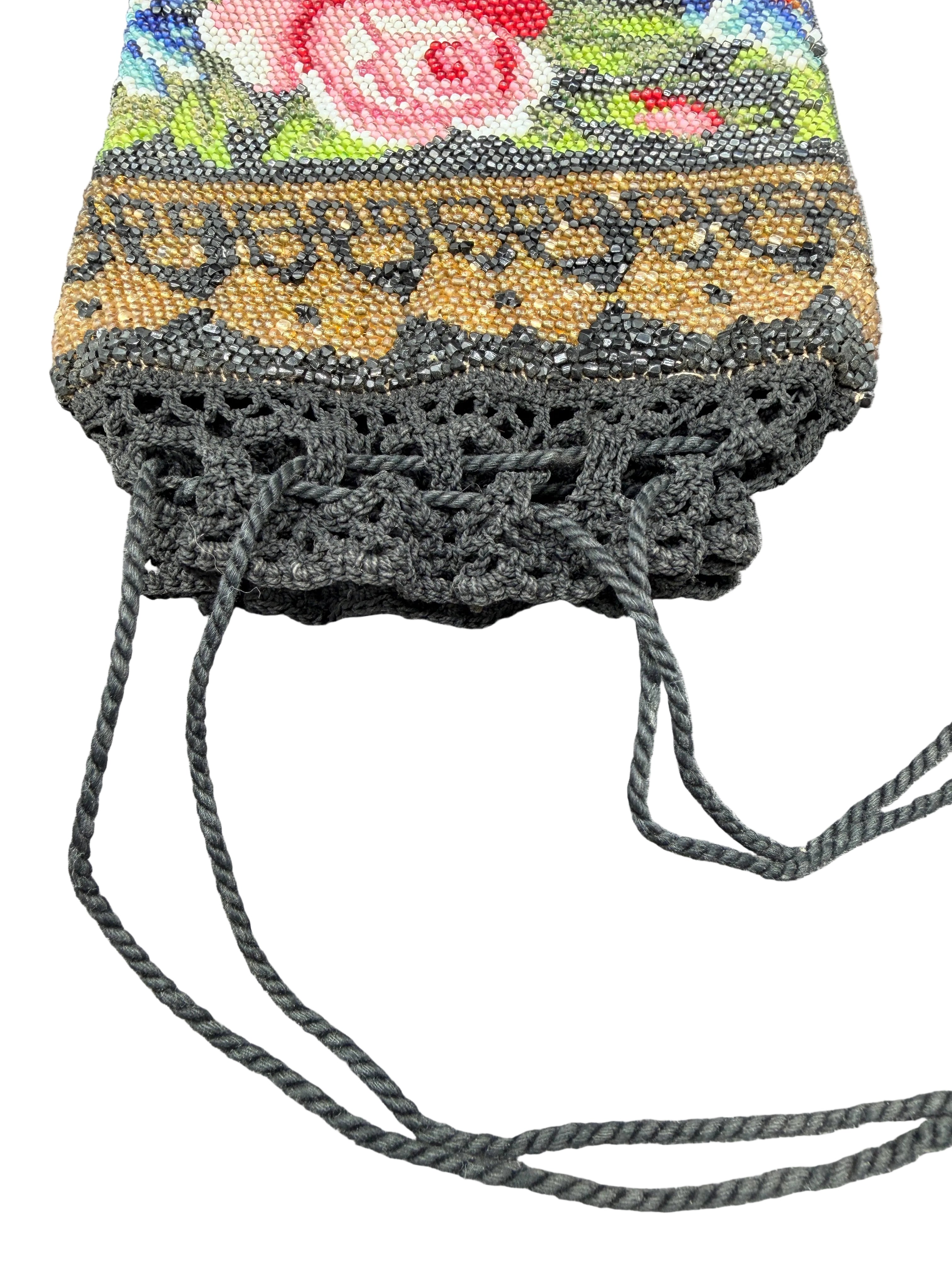Antique Victorian Hand-Beaded French Crochet Drawstring Pouch Purse with Floral & Gold Design