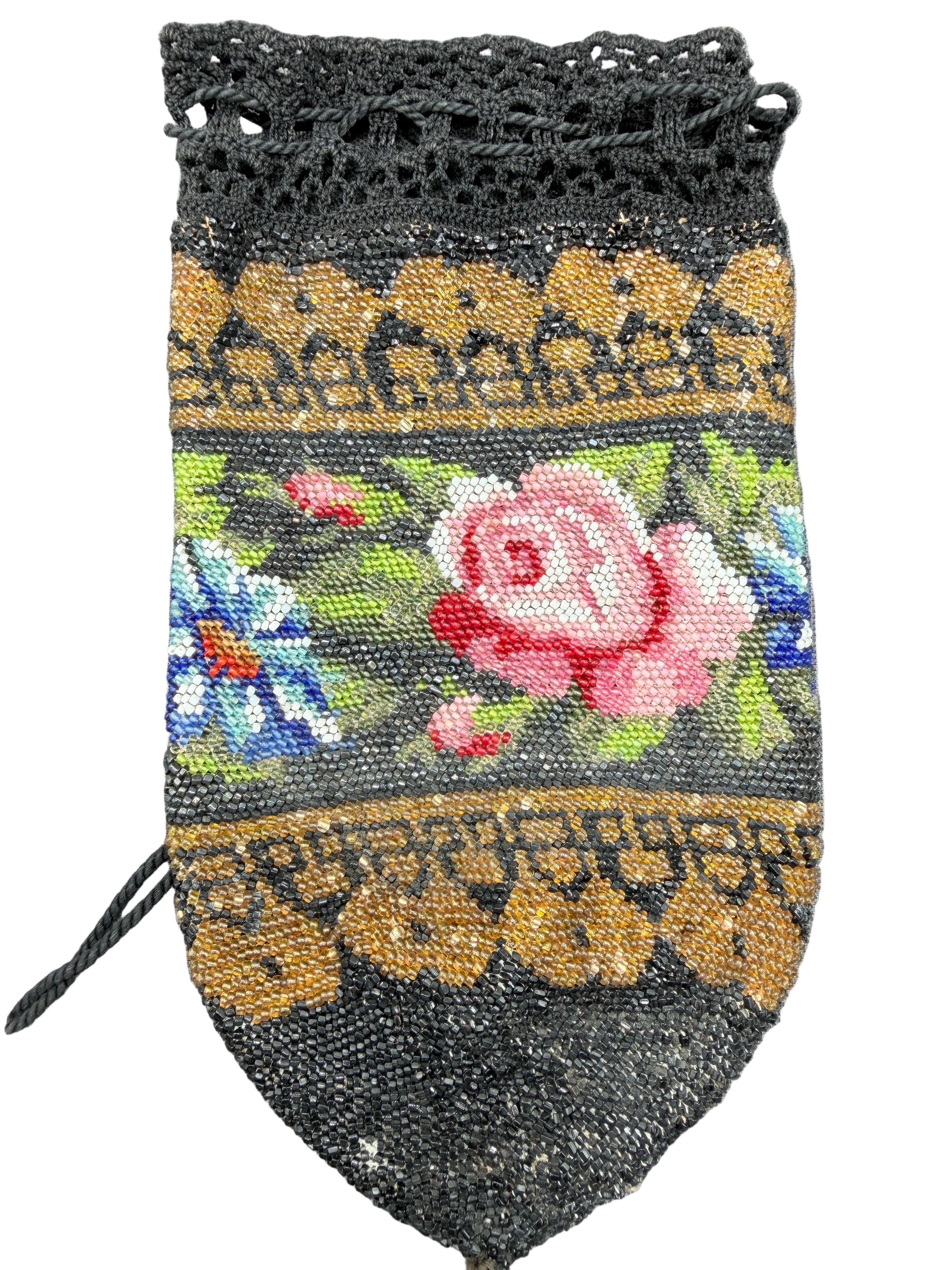 Antique Victorian Hand-Beaded French Crochet Drawstring Pouch Purse with Floral & Gold Design