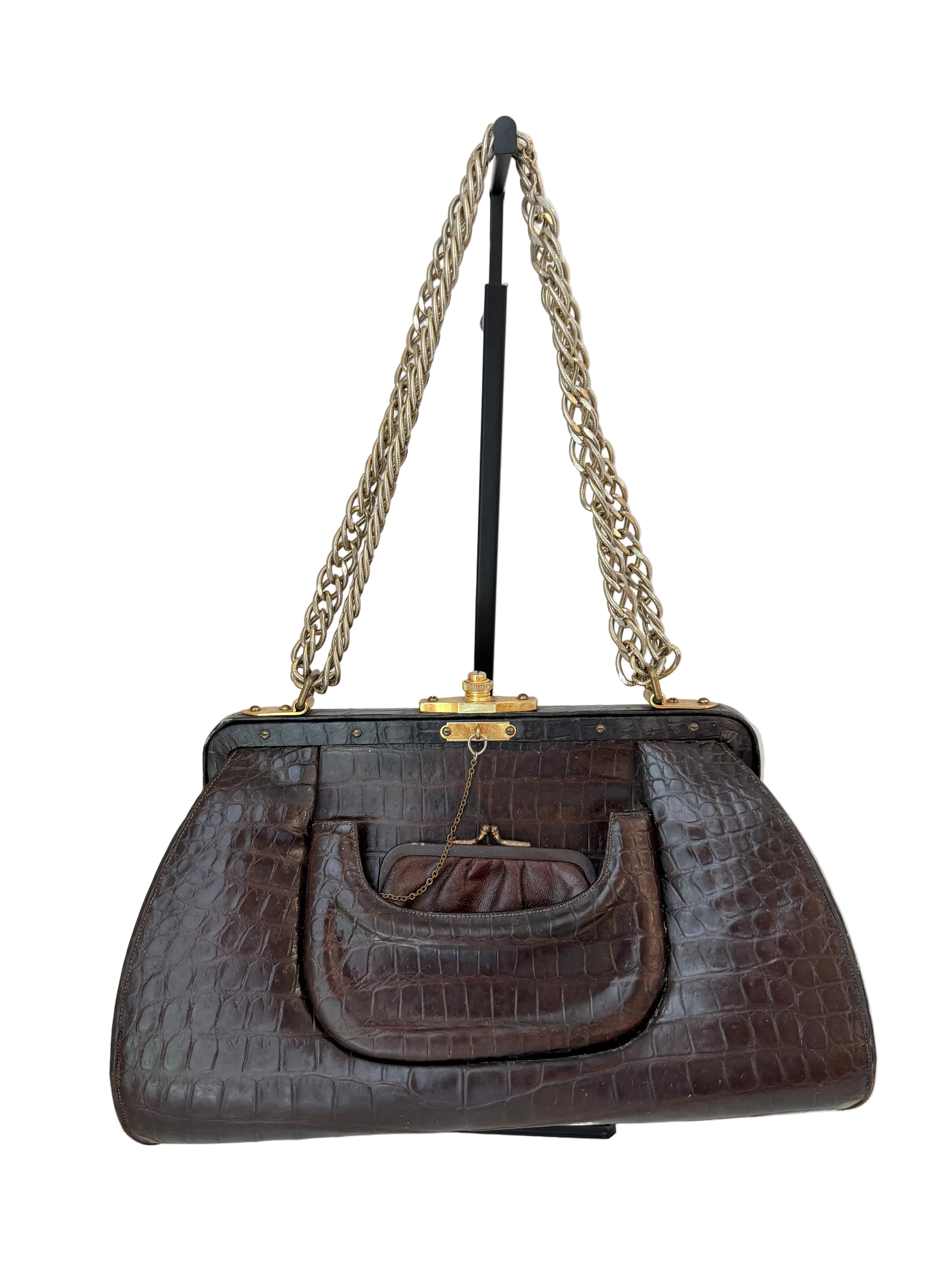 1950s Dorian Brown Crocodile Handbag with Gold Chain Strap & Coin Purse