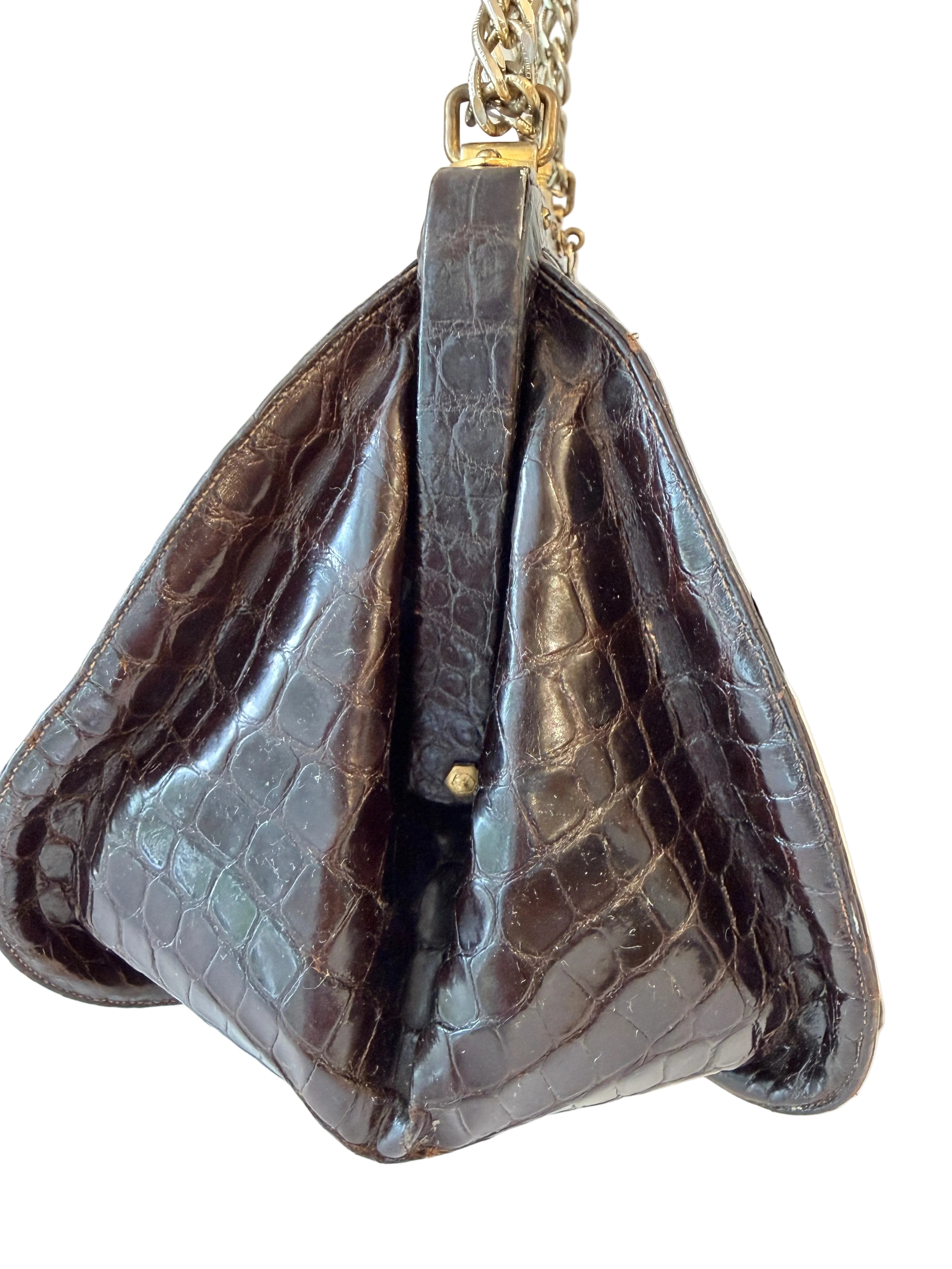 1950s Dorian Brown Crocodile Handbag with Gold Chain Strap & Coin Purse