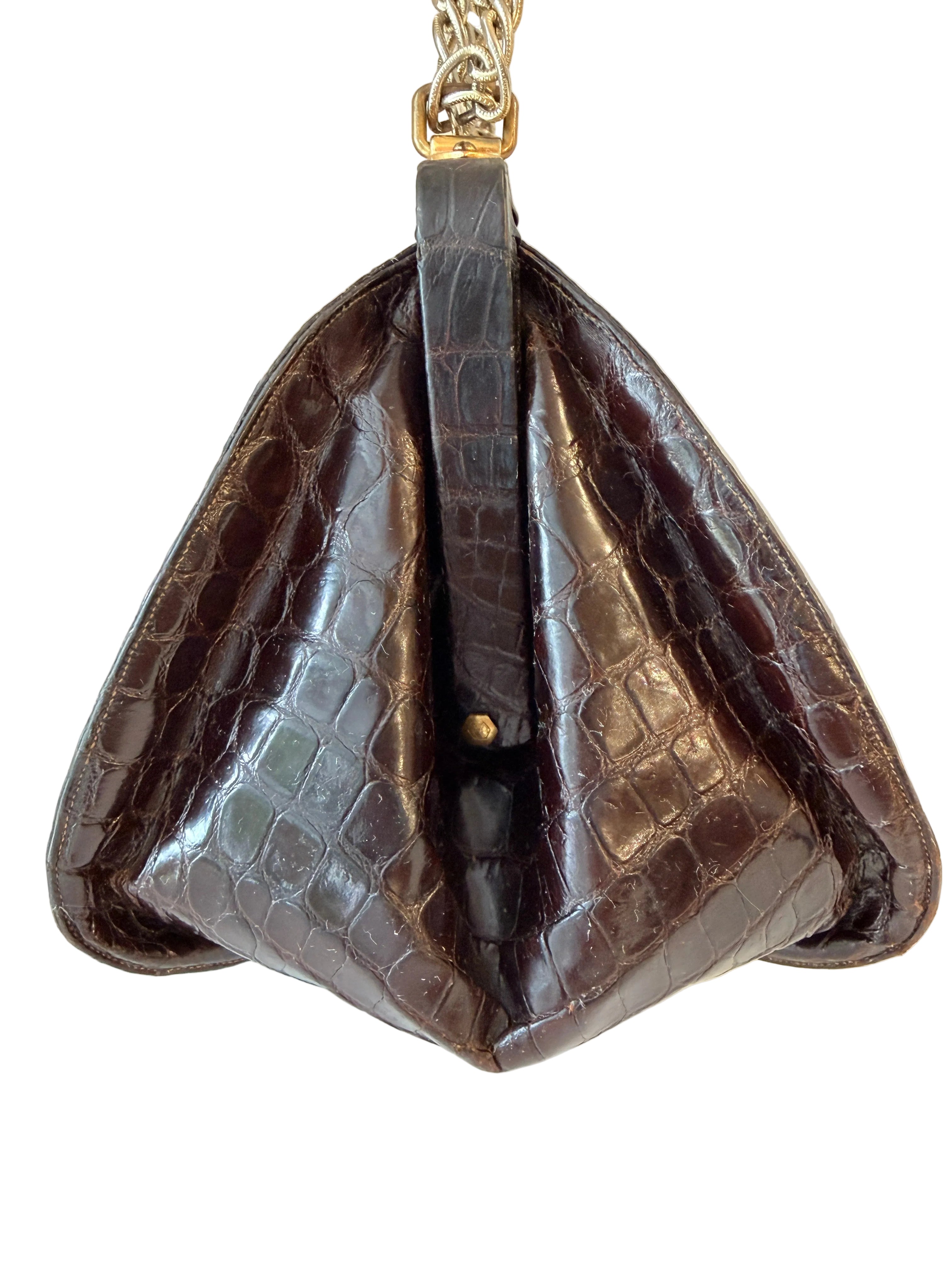 1950s Dorian Brown Crocodile Handbag with Gold Chain Strap & Coin Purse