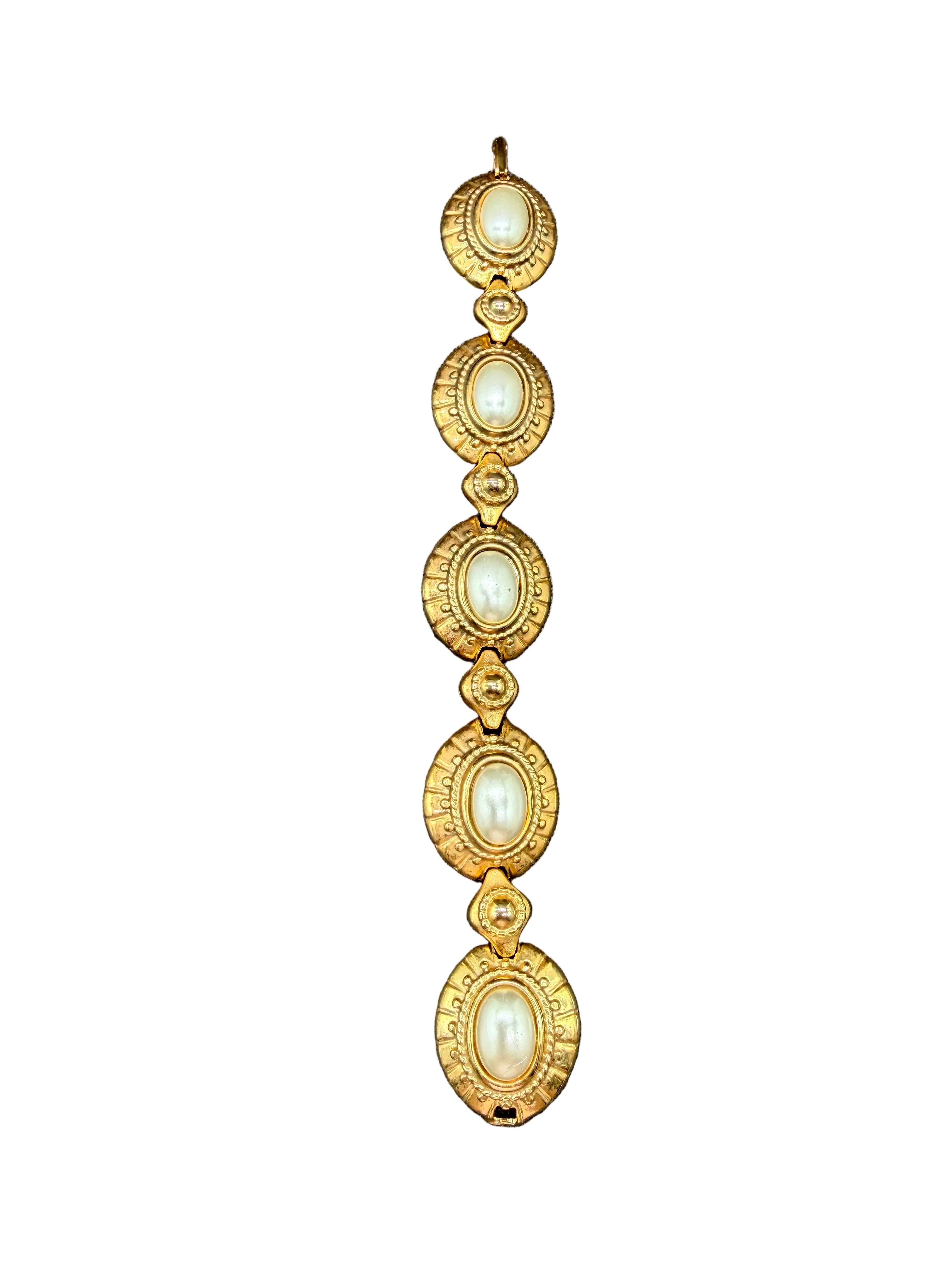 1960s Monet Gold-Tone Victorian Revival Link Bracelet with Faux Pearl Stations