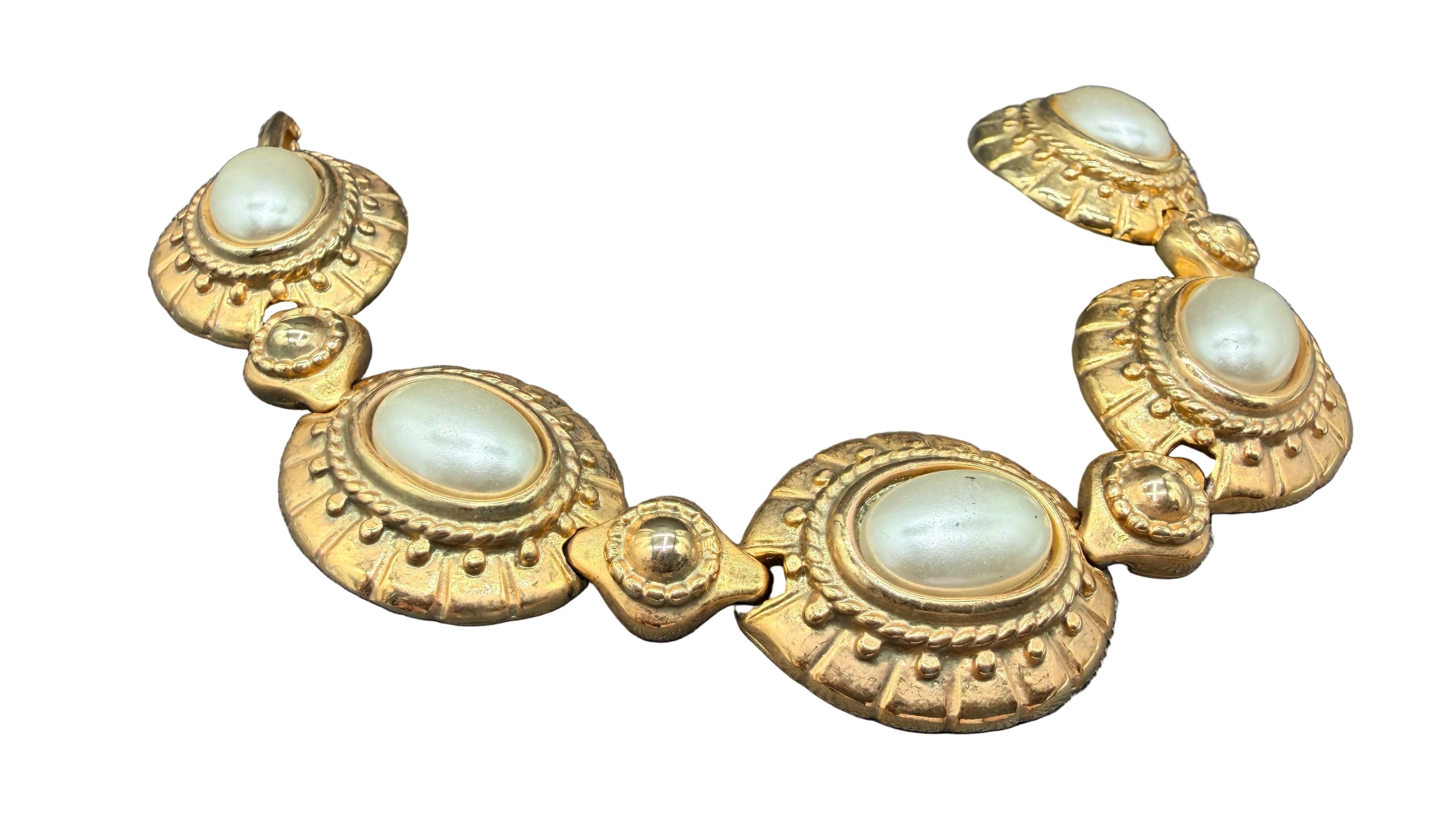 1960s Monet Gold-Tone Victorian Revival Link Bracelet with Faux Pearl Stations