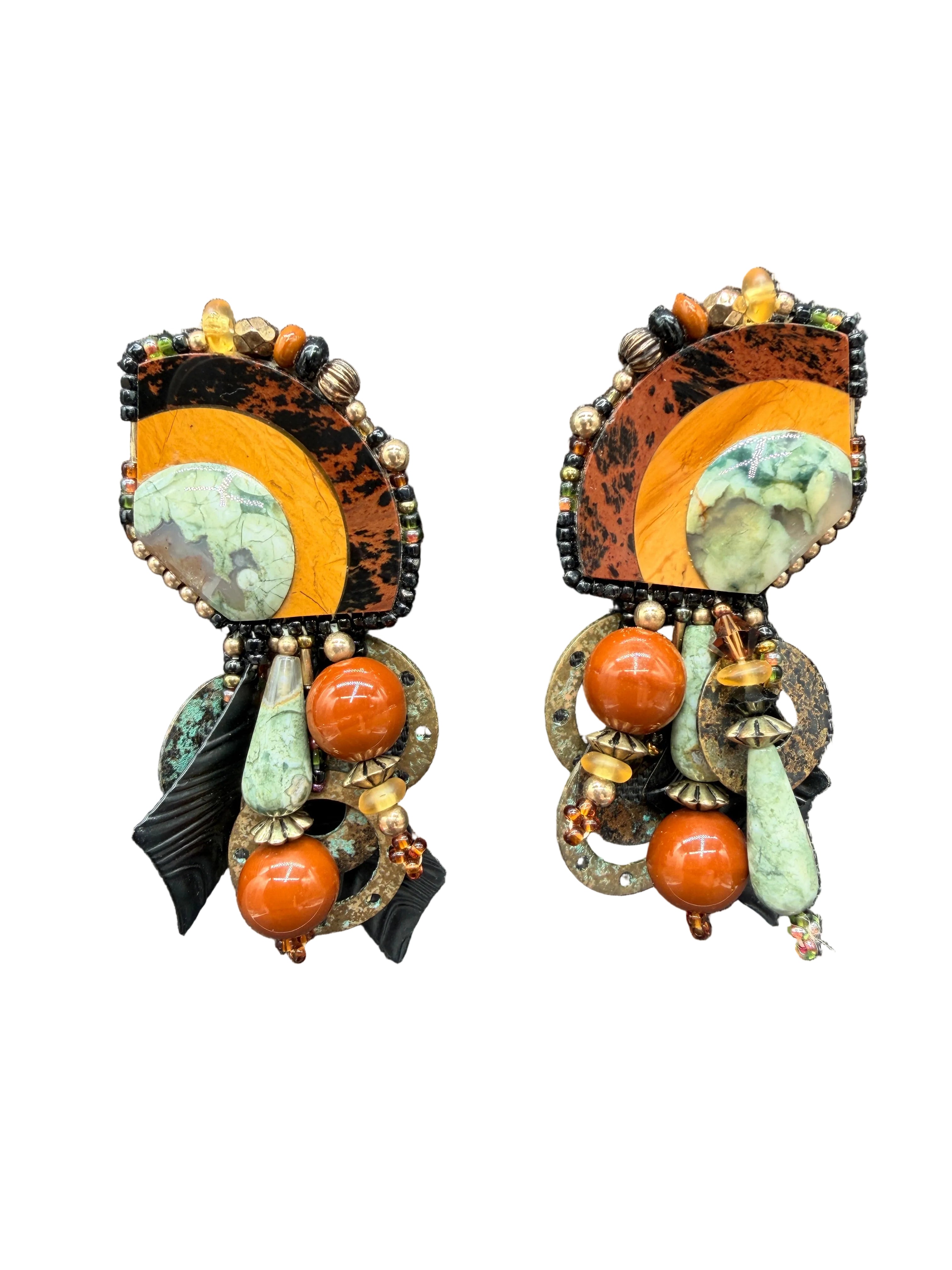 1980s Chipita Natural Stone Dangle Earrings with Rainforest Rhyolite, Mahogany Obsidian & Agate