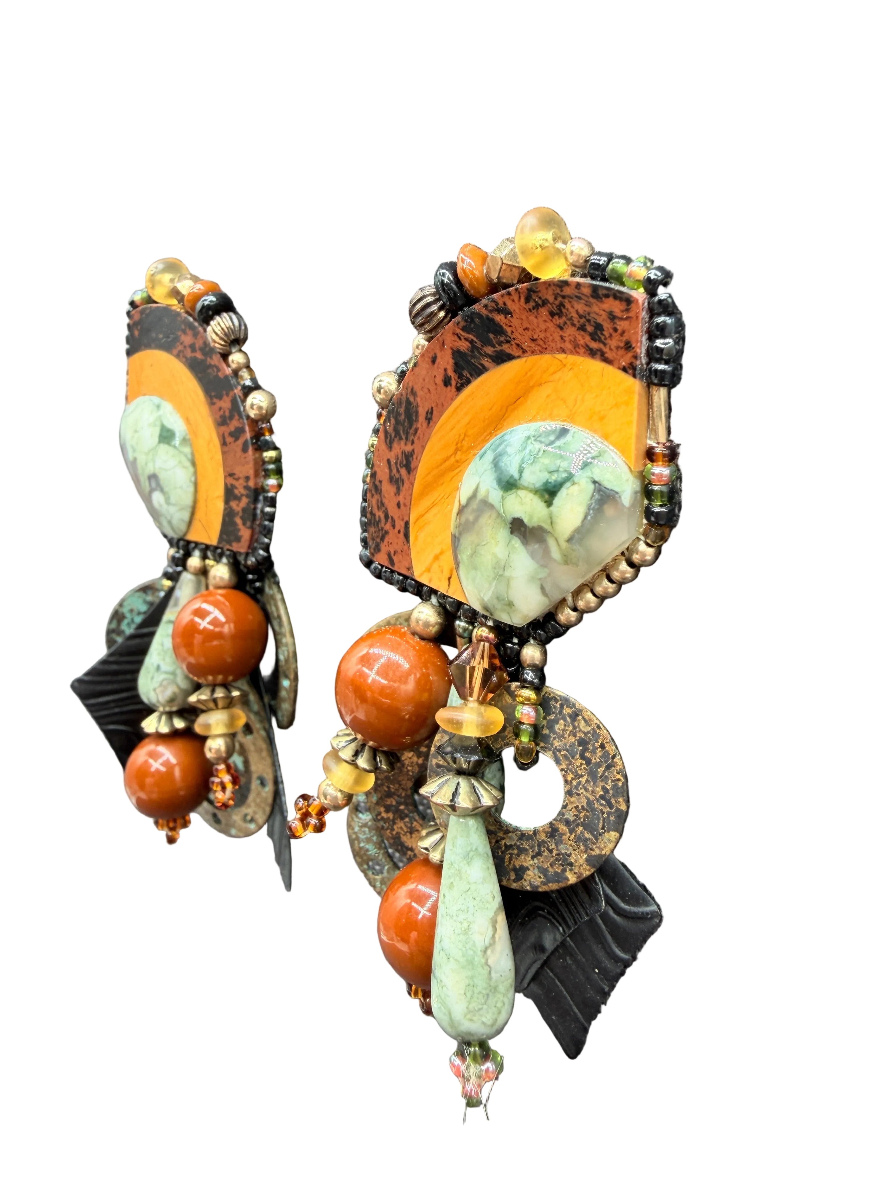 1980s Chipita Natural Stone Dangle Earrings with Rainforest Rhyolite, Mahogany Obsidian & Agate
