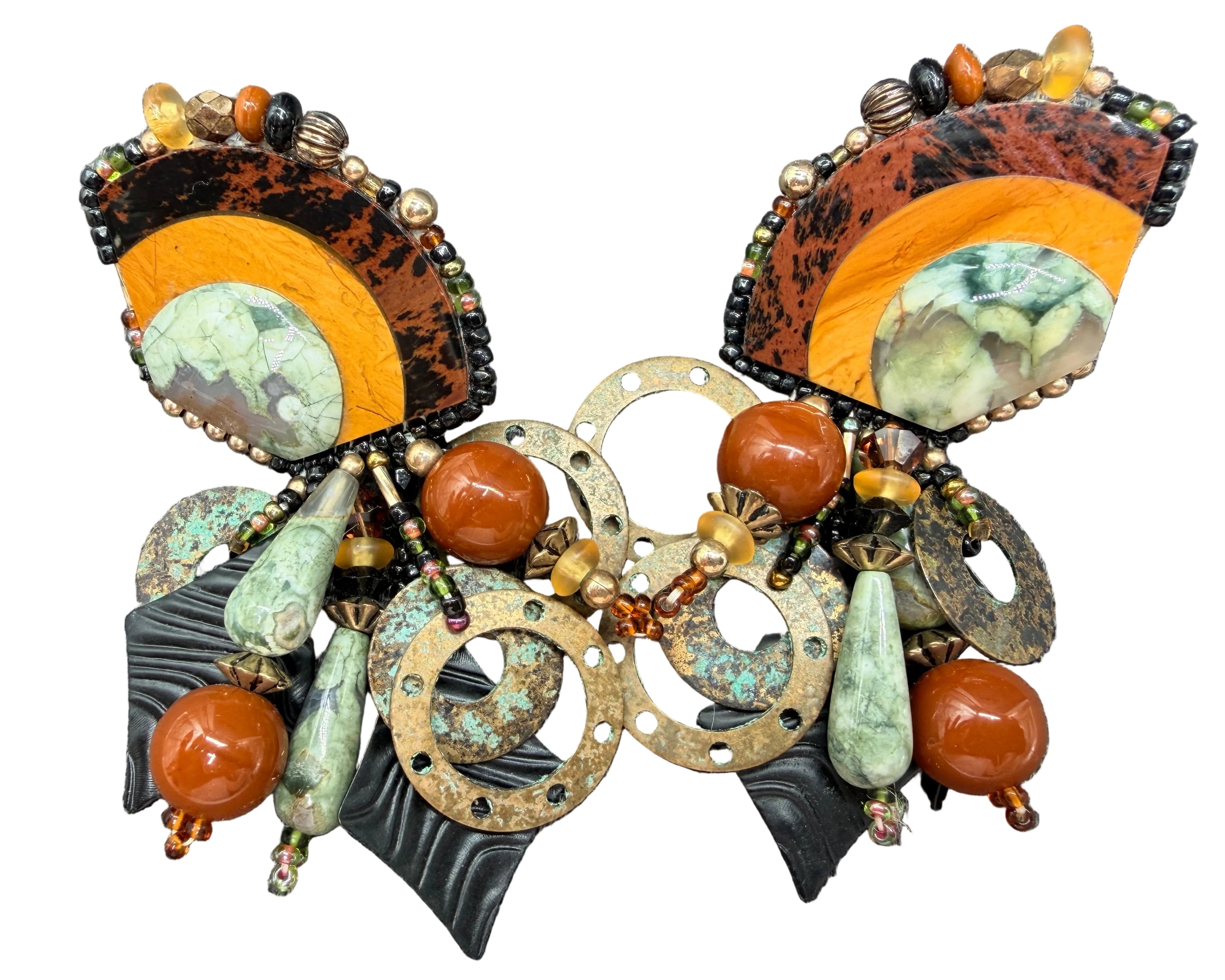 1980s Chipita Natural Stone Dangle Earrings with Rainforest Rhyolite, Mahogany Obsidian & Agate