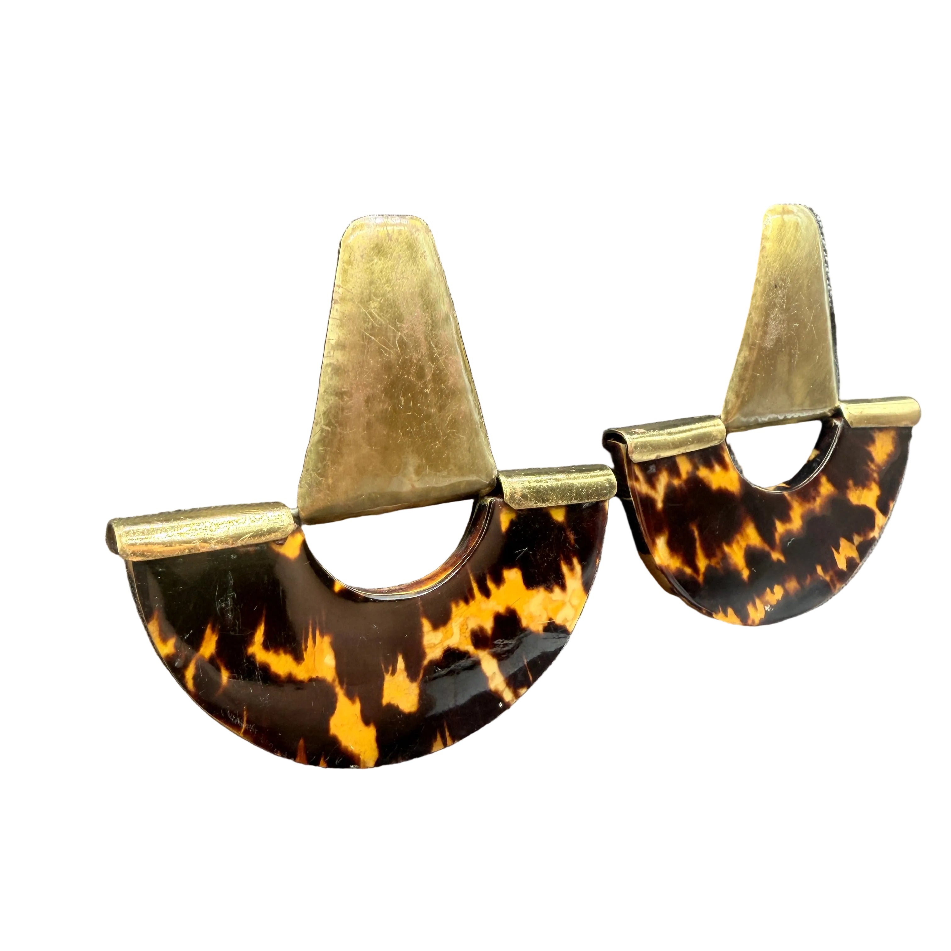 MB12 1980s French Brass triangle clip earrings with hinged torroise print enamel 1/2 rounds