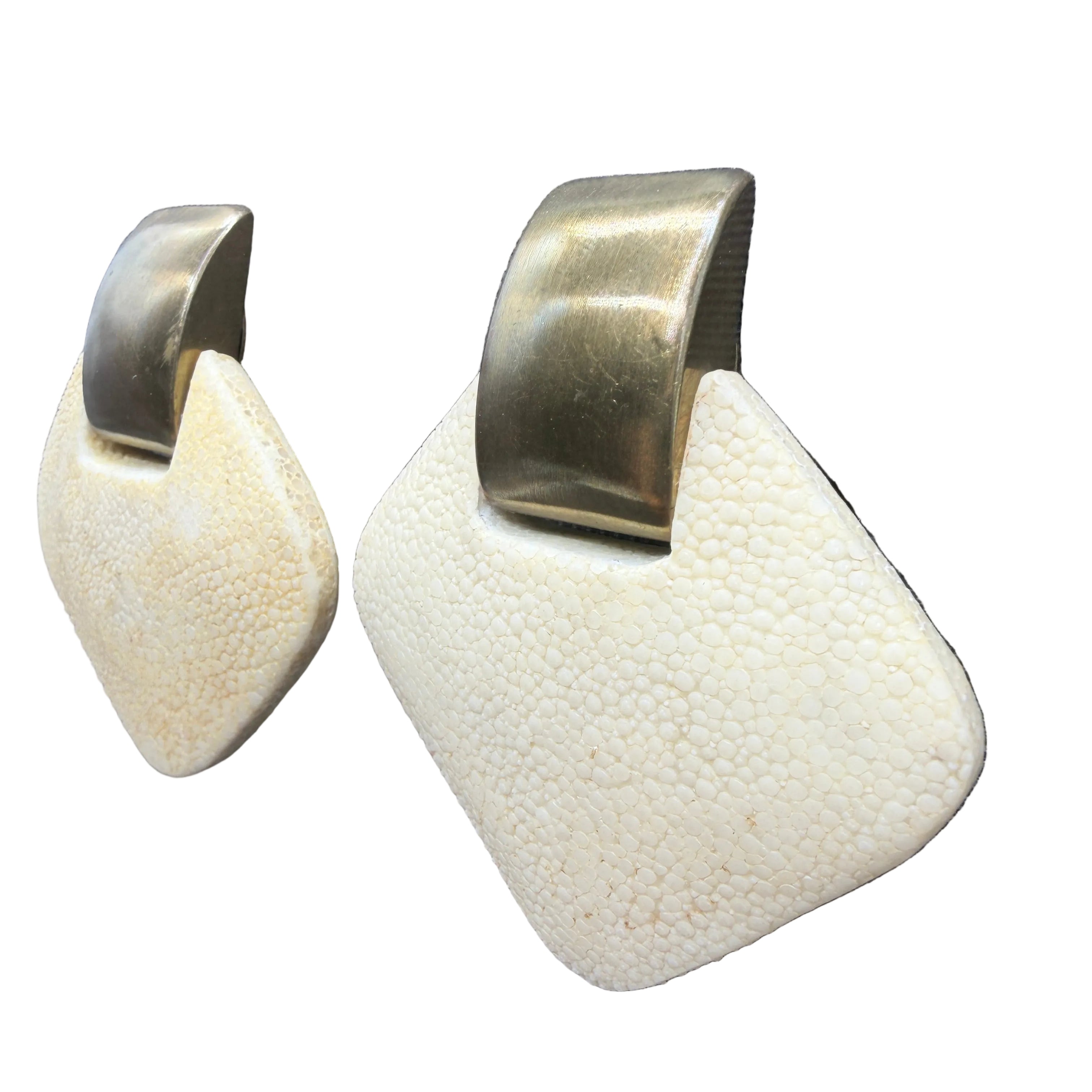 1980s Genuine Shagreen Statement Clip Earrings with Brass-Tone Clips