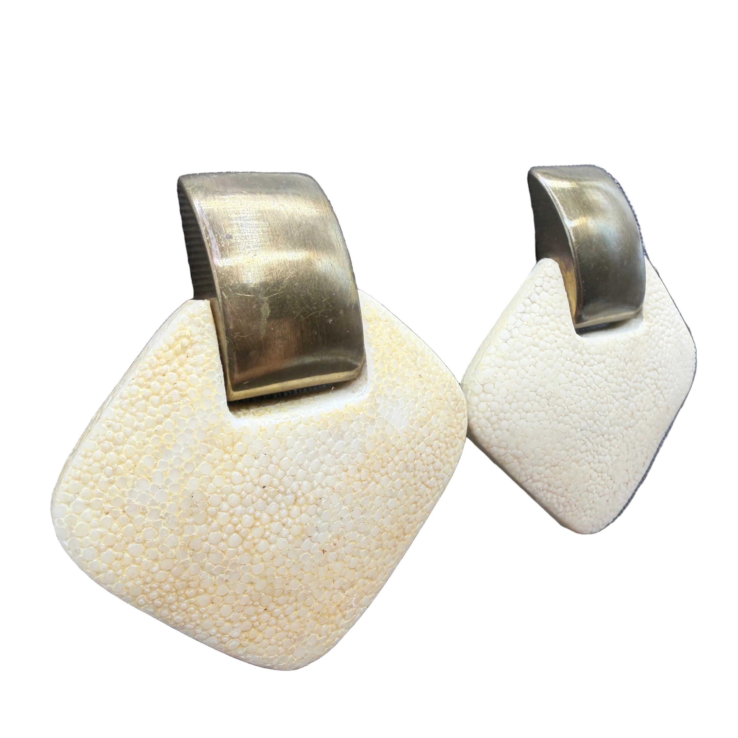 1980s Genuine Shagreen Statement Clip Earrings with Brass-Tone Clips