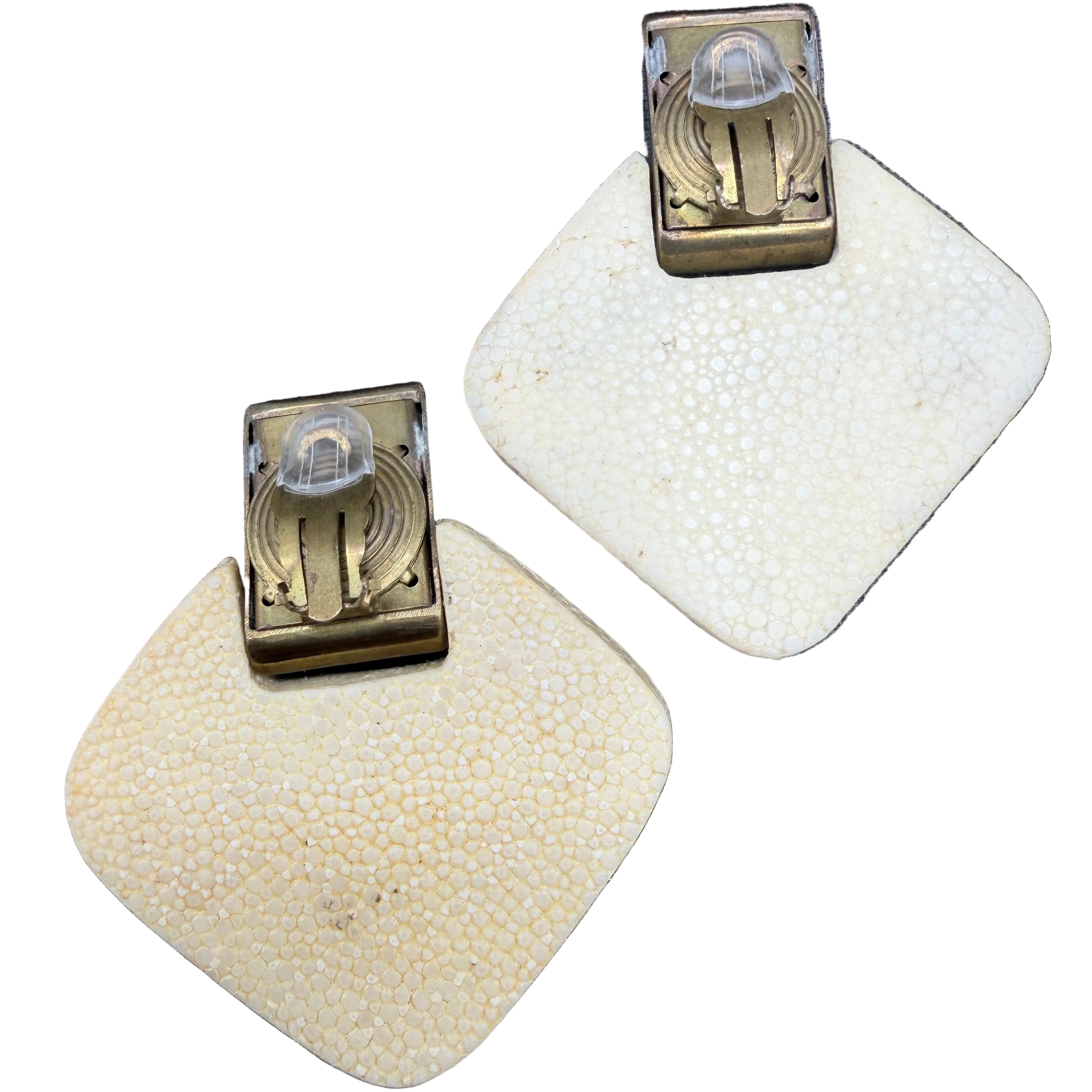 1980s Genuine Shagreen Statement Clip Earrings with Brass-Tone Clips
