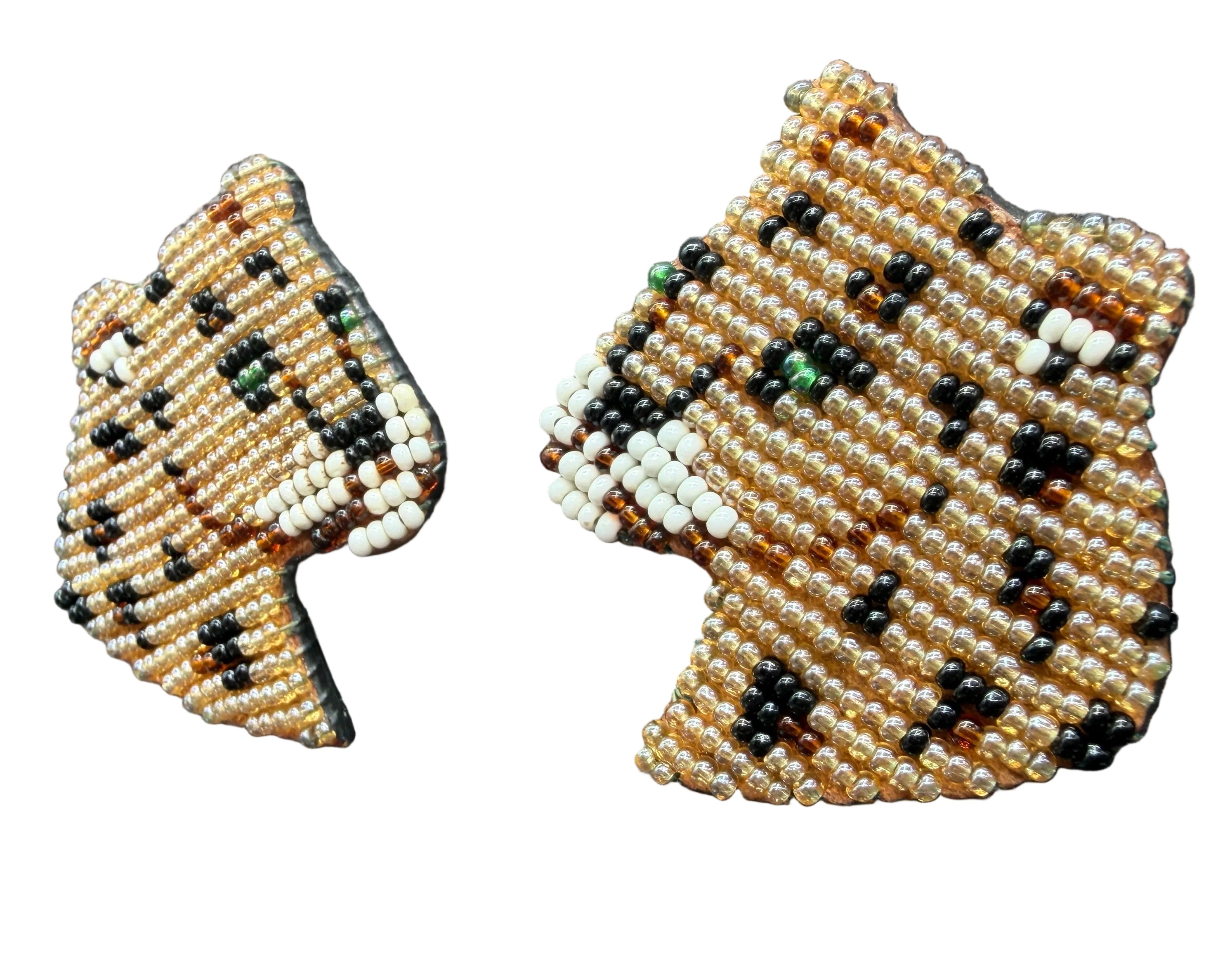 1980s Beaded Cheetah Head Clip Earrings with Leather Backings