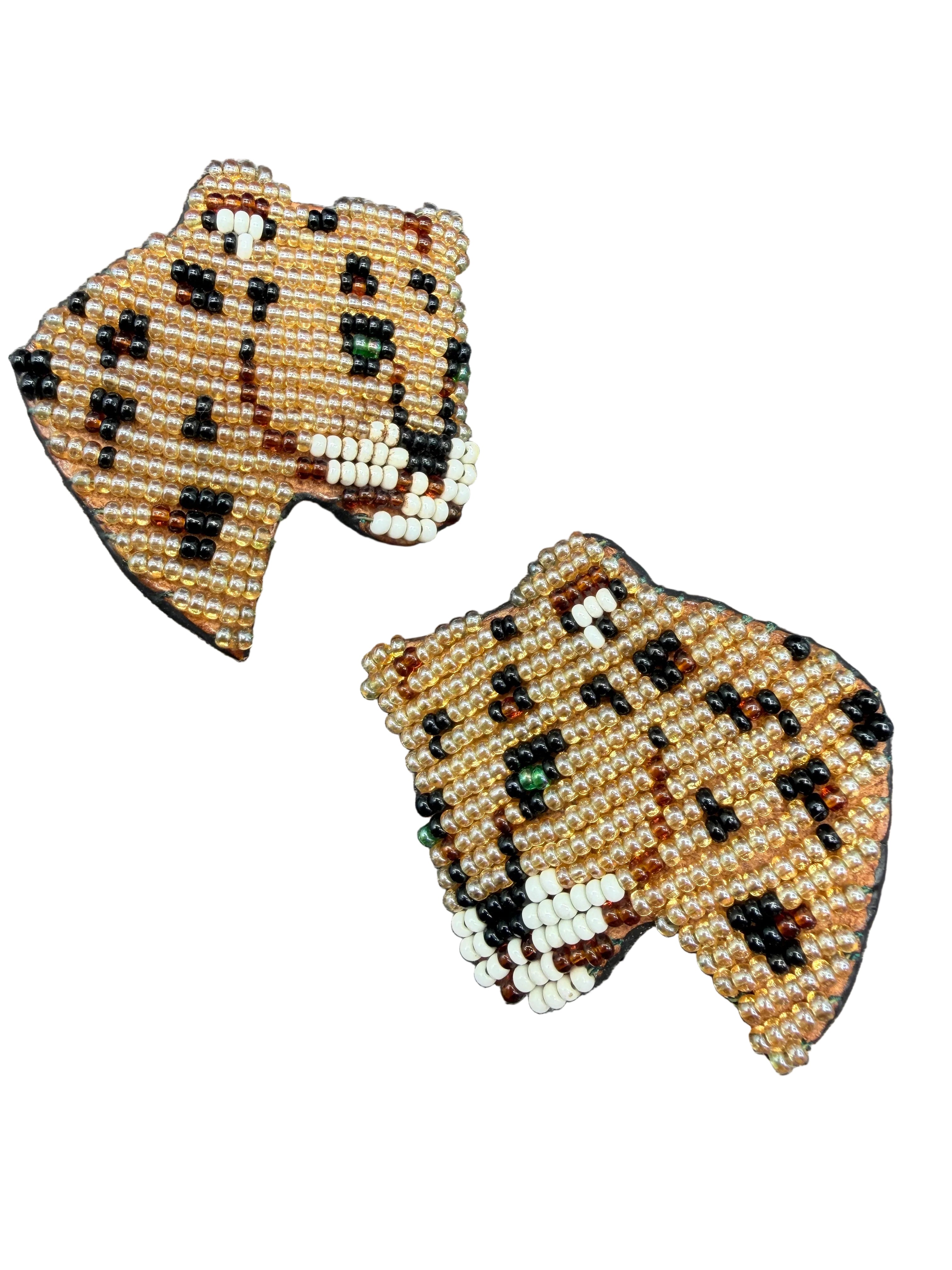 1980s Beaded Cheetah Head Clip Earrings with Leather Backings