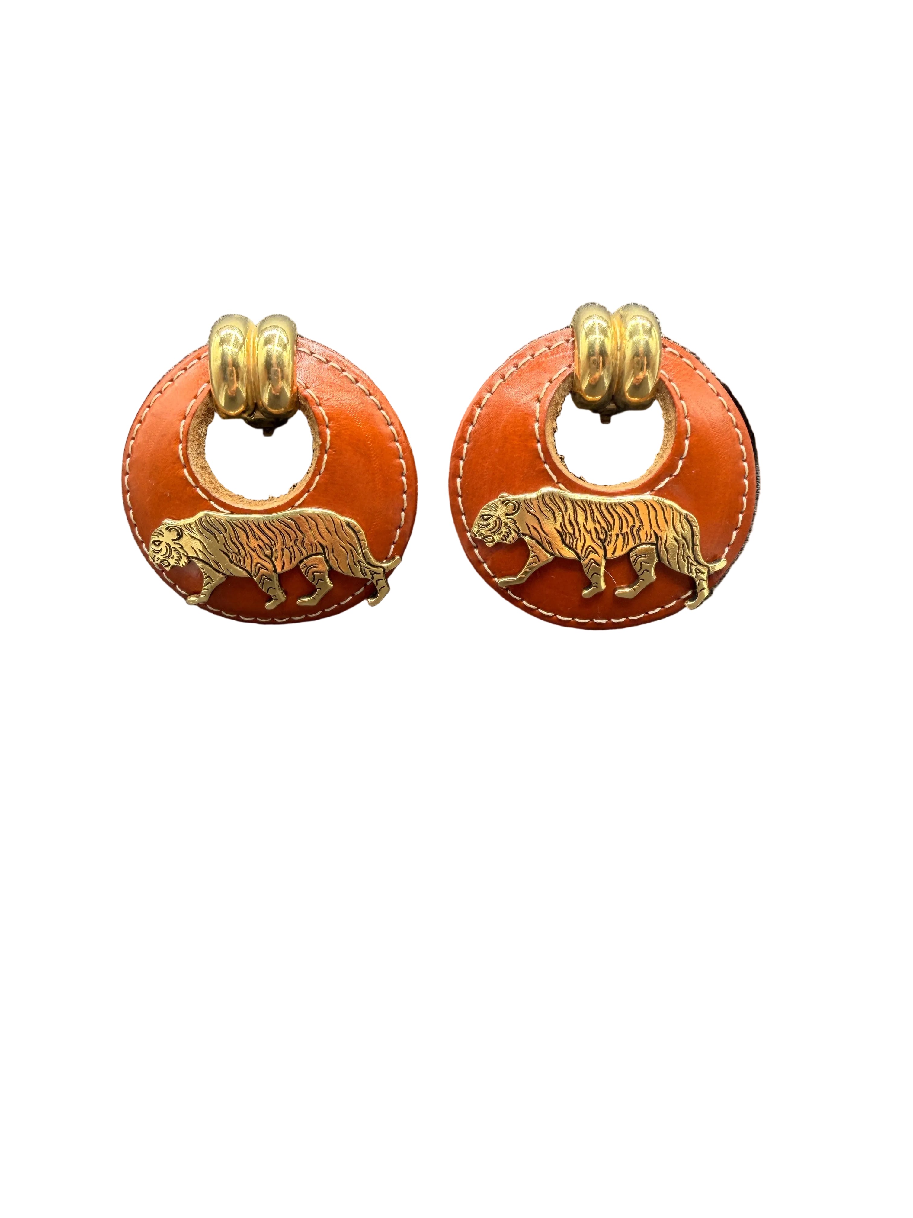 1980s Gold-Tone Huggie Clip Earrings with Leather Hoop & Tiger Accent