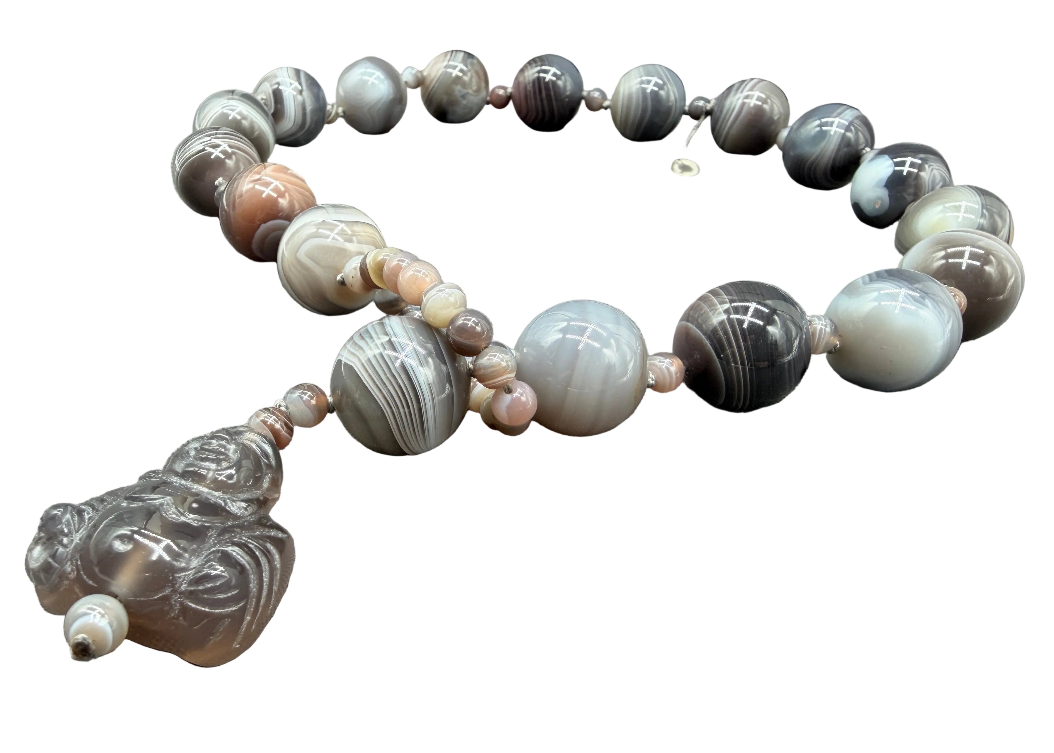 1980s Jehanne de Biolley Botswana Agate Necklace with Buddha Charm