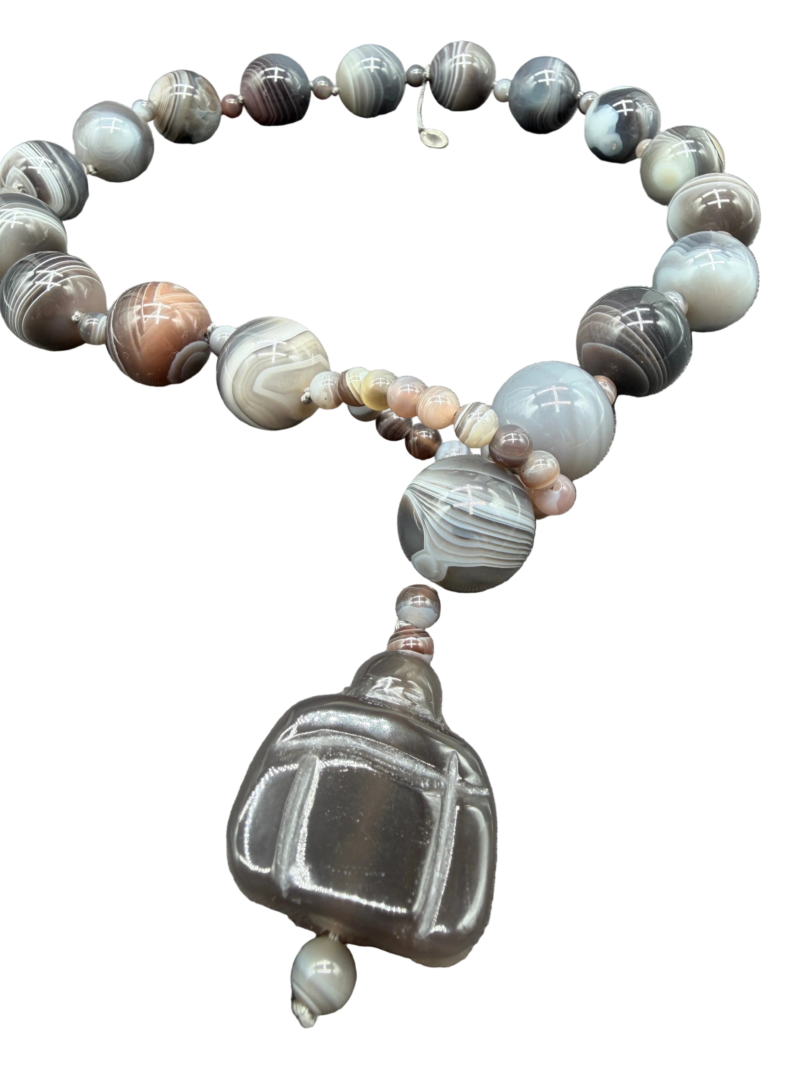 1980s Jehanne de Biolley Botswana Agate Necklace with Buddha Charm