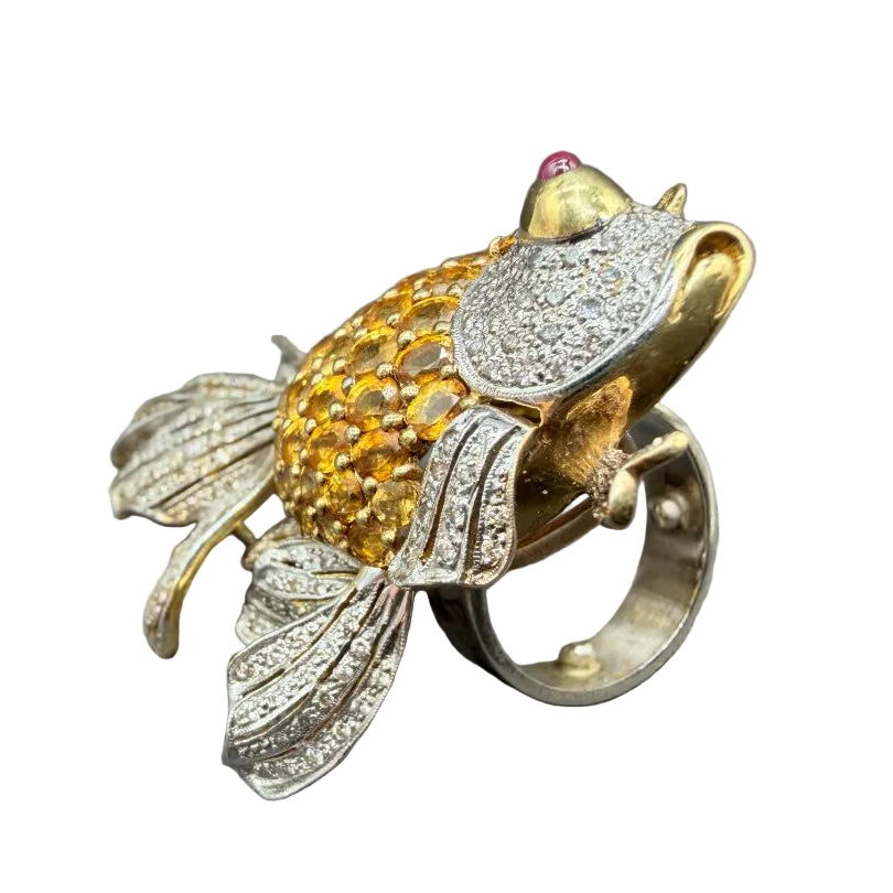Italian 18K Gold Betta Fish Ring with Yellow Sapphires, Diamonds & Ruby