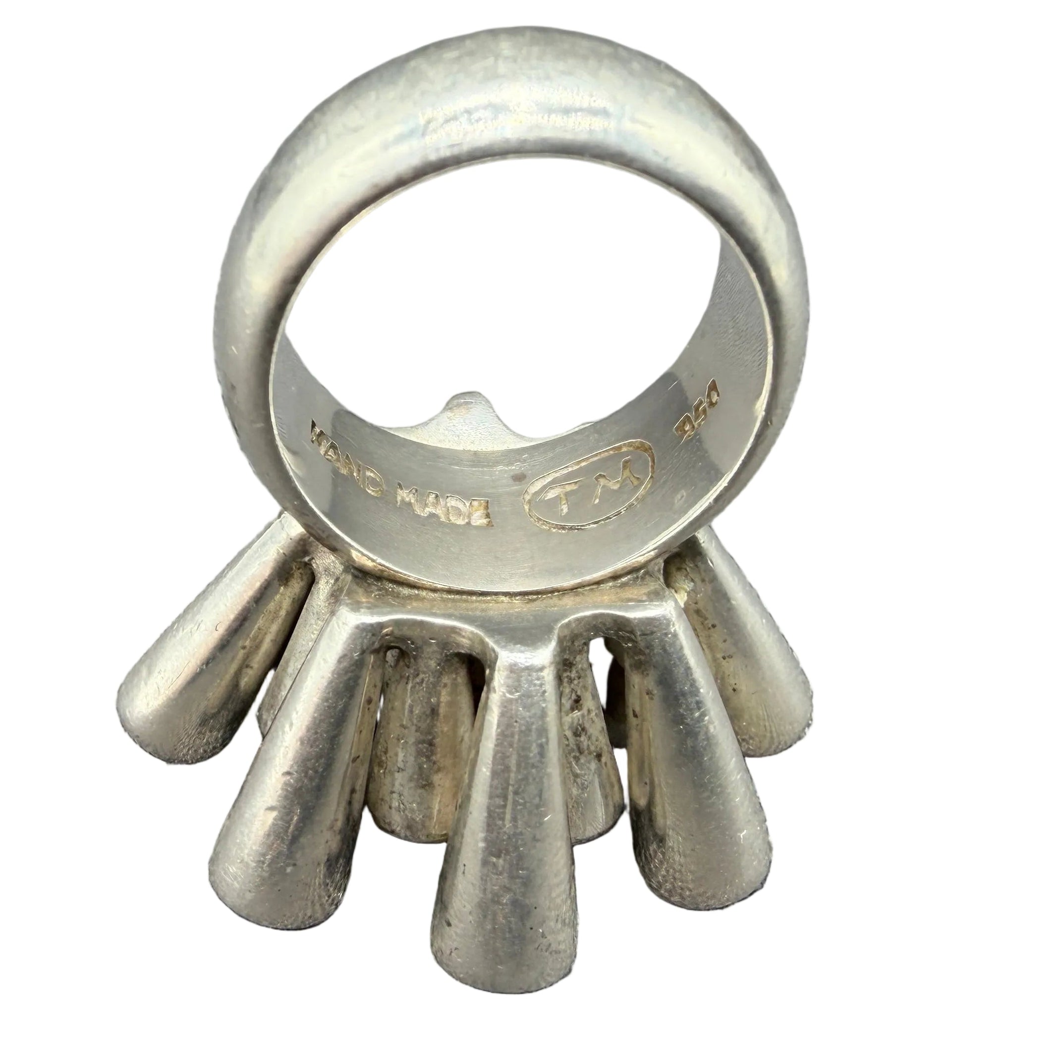 1970s Platinum Mid-Century Modern Sputnik Ring with Austrian Crystals & Ruby
