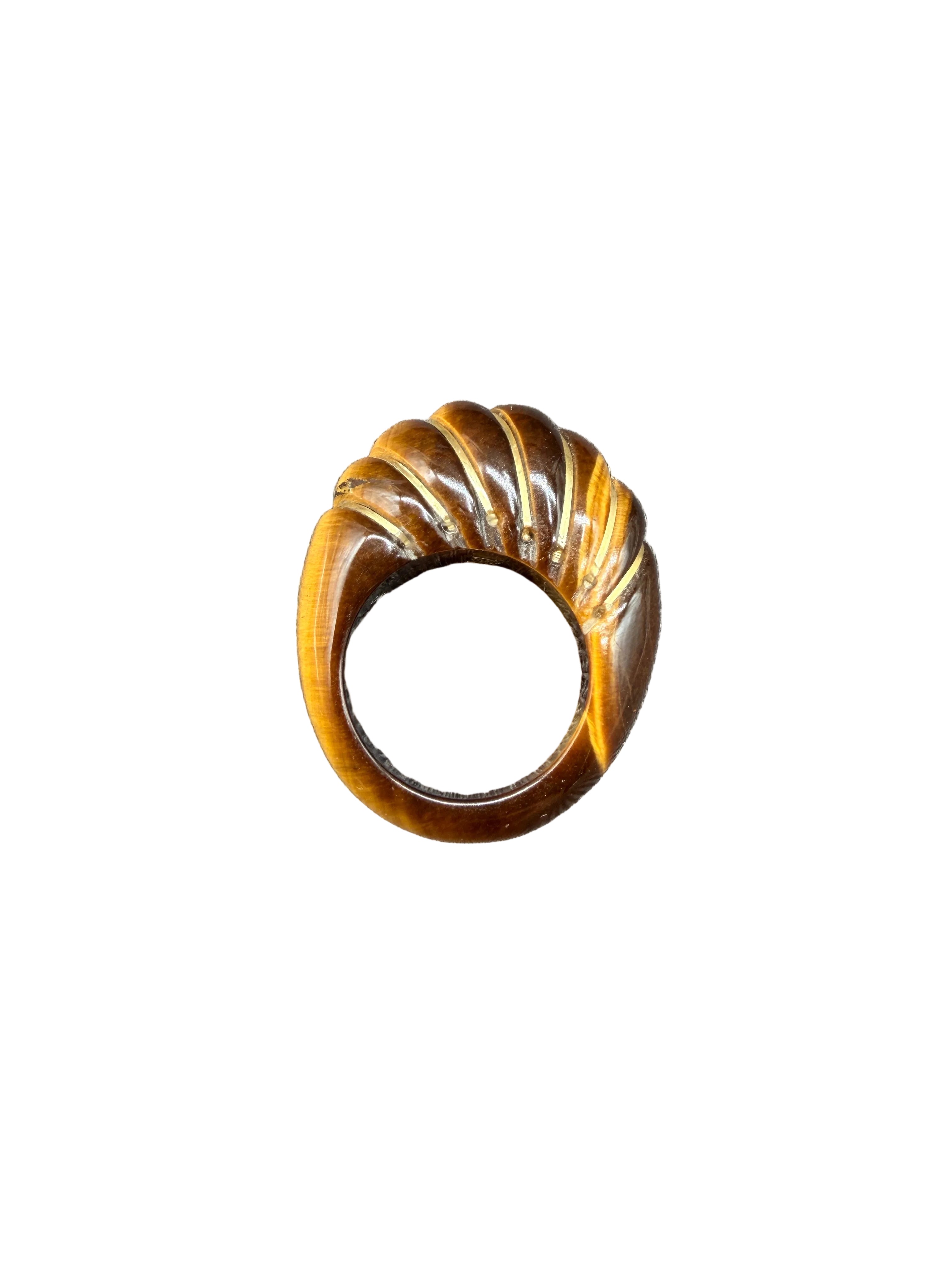 1970s Tiger's Eye Scalloped Domed Ring with 14K Gold Inlay Bands