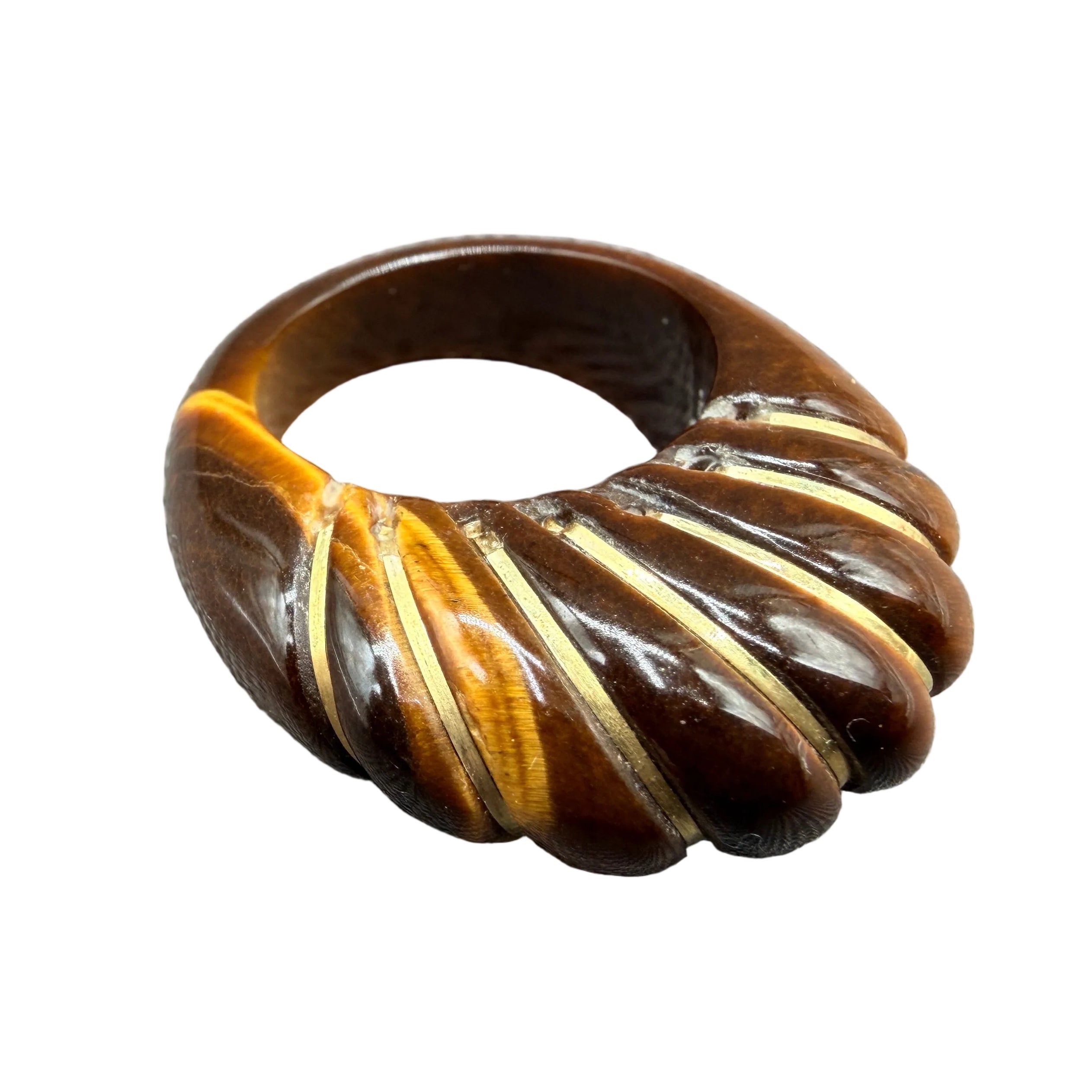 1970s Tiger's Eye Scalloped Domed Ring with 14K Gold Inlay Bands