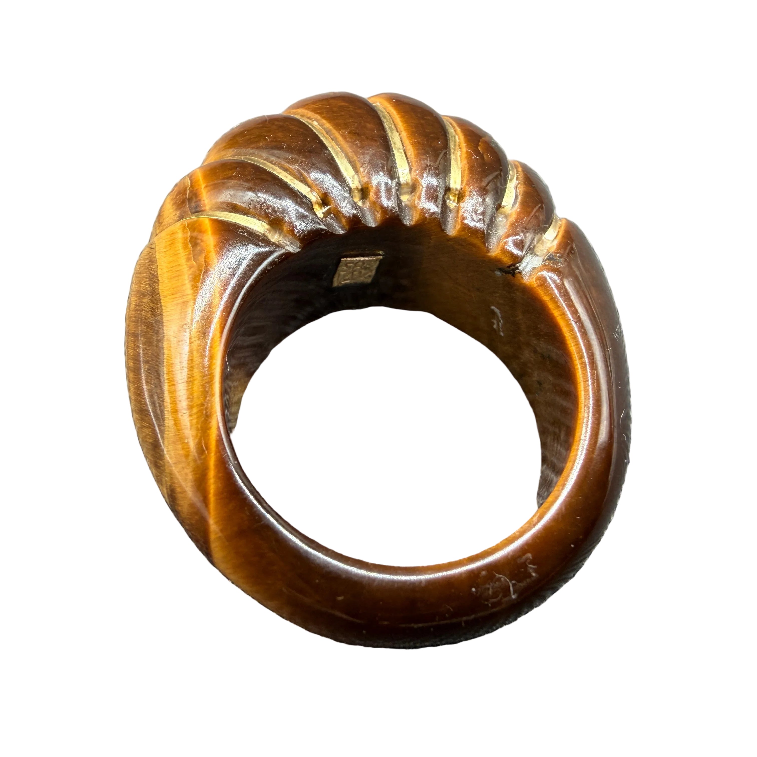 1970s Tiger's Eye Scalloped Domed Ring with 14K Gold Inlay Bands